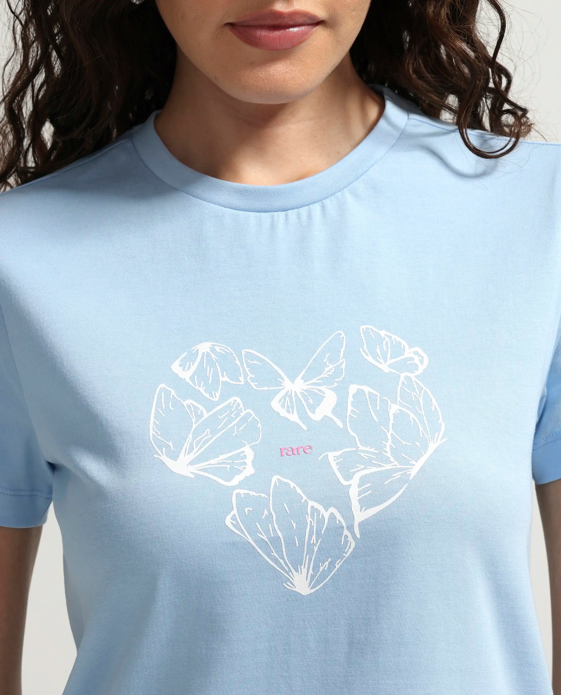 Rareism Women's Zelly Light Blue Cotton Crew Neck Pull-On Regular Object Print T-Shirt