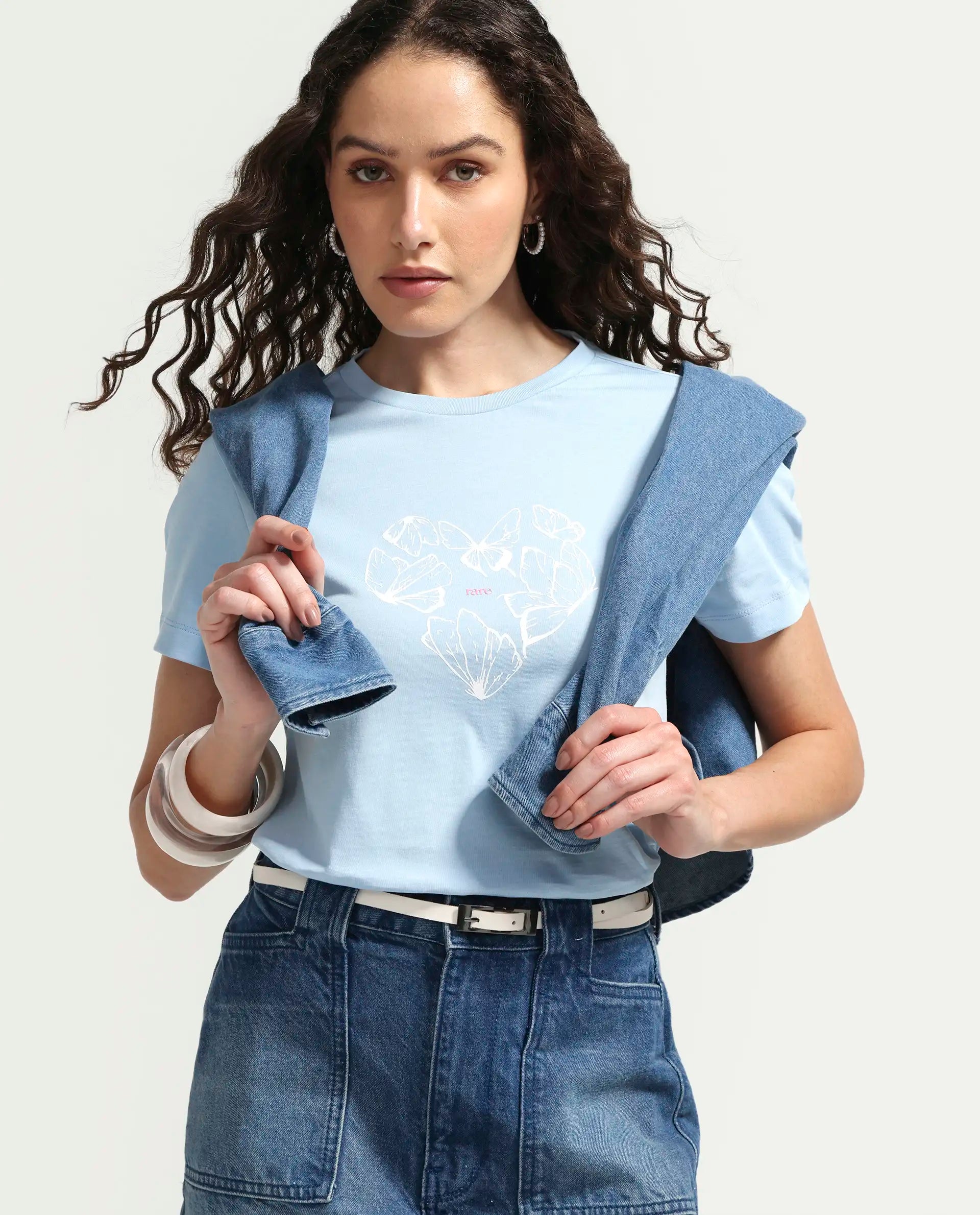 Rareism Women's Zelly Light Blue Cotton Crew Neck Pull-On Regular Object Print T-Shirt