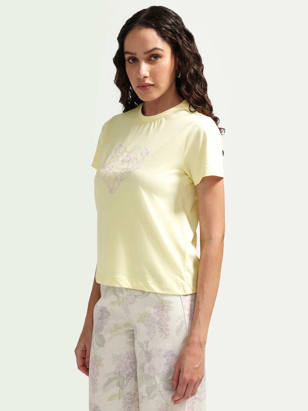 Rareism Women's Zelly Light Yellow Cotton Crew Neck Pull-On Regular Object Print T-Shirt