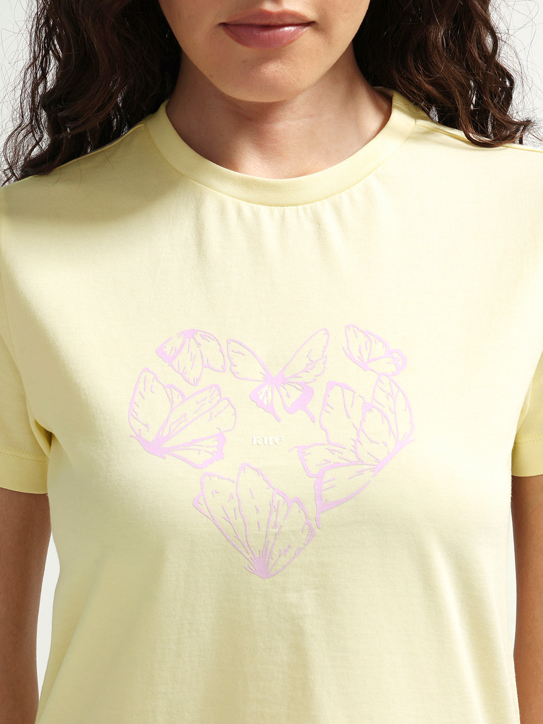 Rareism Women's Zelly Light Yellow Cotton Crew Neck Pull-On Regular Object Print T-Shirt