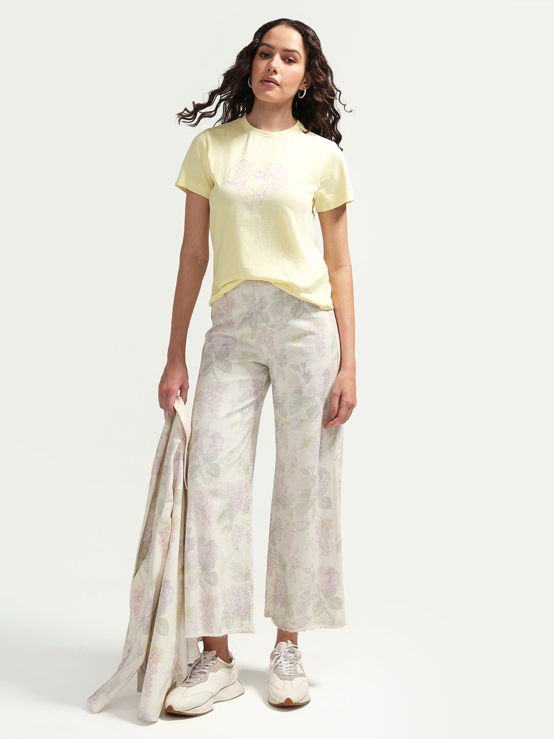 Rareism Women's Zelly Light Yellow Cotton Crew Neck Pull-On Regular Object Print T-Shirt