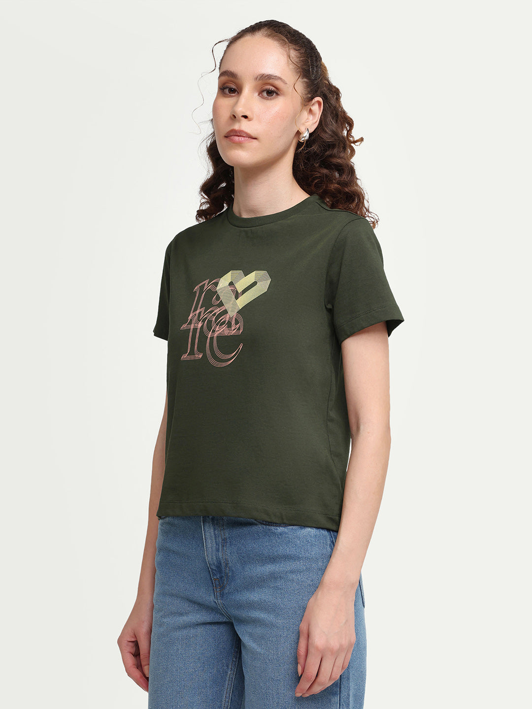 Rareism Women's Zera Olive Cotton Crew Neck Pull-On Regular Graphic Print T-Shirt