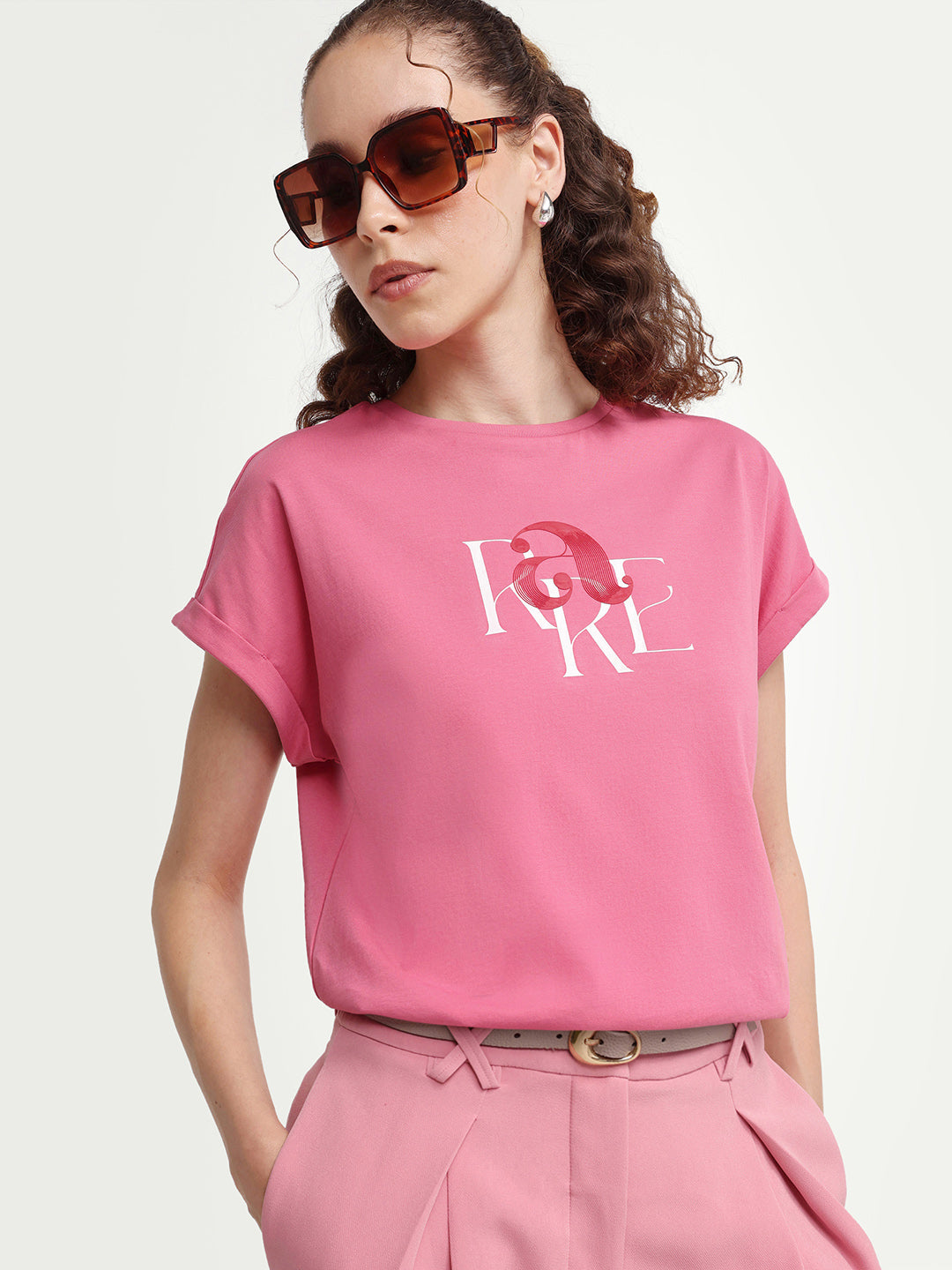 Rareism Women's Zue Pink Cotton Crew Neck Pull-On Relaxed Typography Print T-Shirt