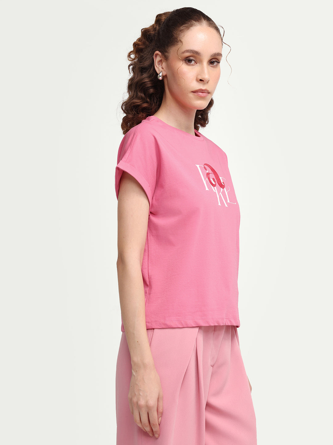 Rareism Women's Zue Pink Cotton Crew Neck Pull-On Relaxed Typography Print T-Shirt