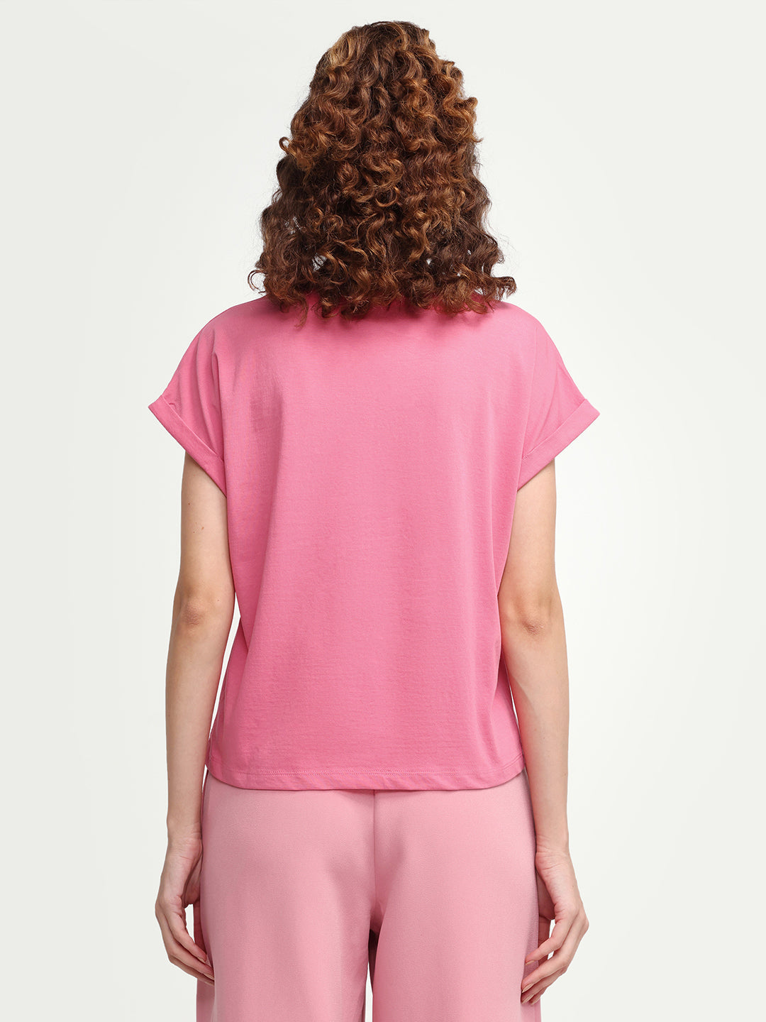 Rareism Women's Zue Pink Cotton Crew Neck Pull-On Relaxed Typography Print T-Shirt