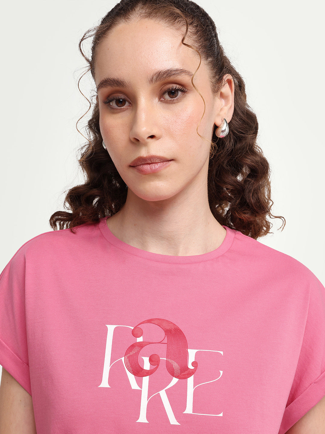 Rareism Women's Zue Pink Cotton Crew Neck Pull-On Relaxed Typography Print T-Shirt