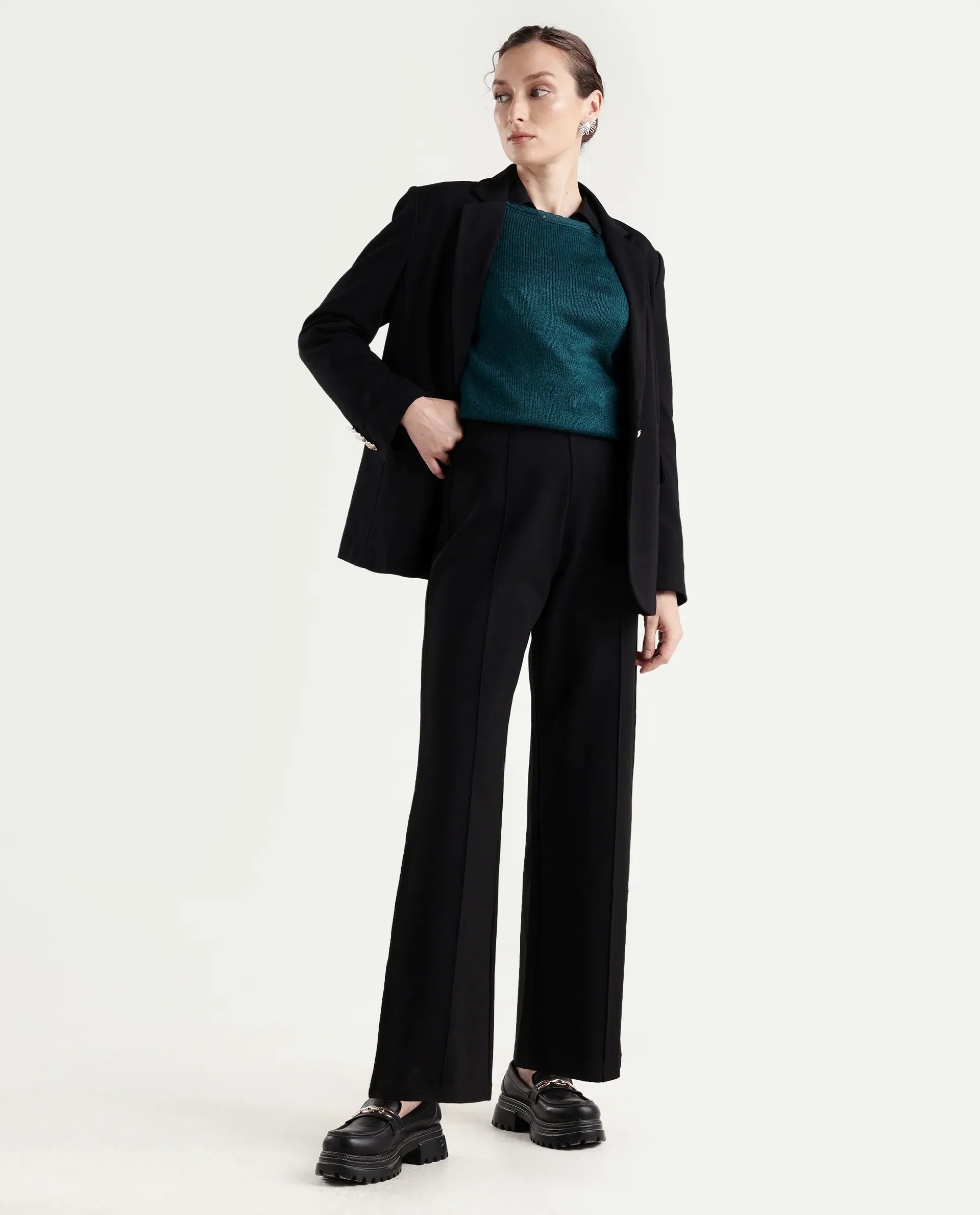 Rareism Women's Jancura-S26 Black Viscose Blend Relaxed Fit Plain Trouser