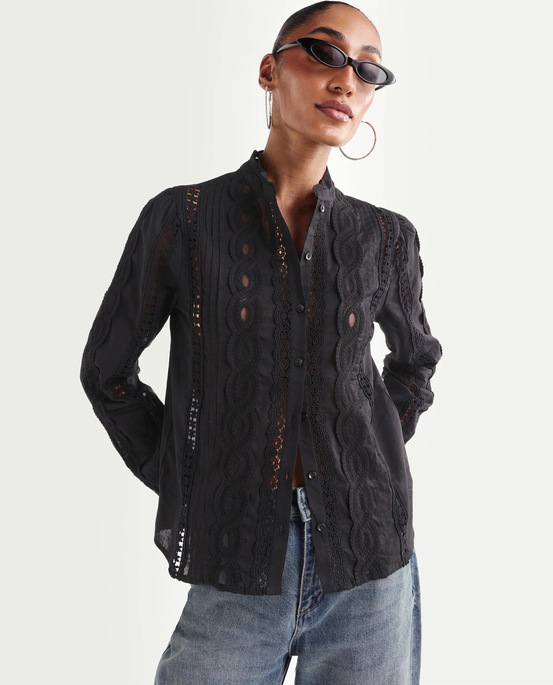 Rareism Women's Cilap Primary Black Cotton Full Sleeve Mandarin Collar Relaxed Fit Top