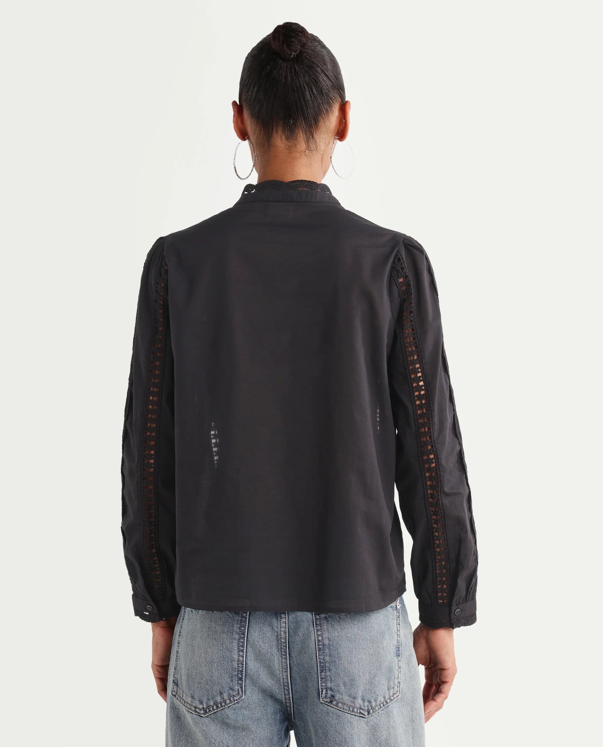 Rareism Women's Cilap Primary Black Cotton Full Sleeve Mandarin Collar Relaxed Fit Top