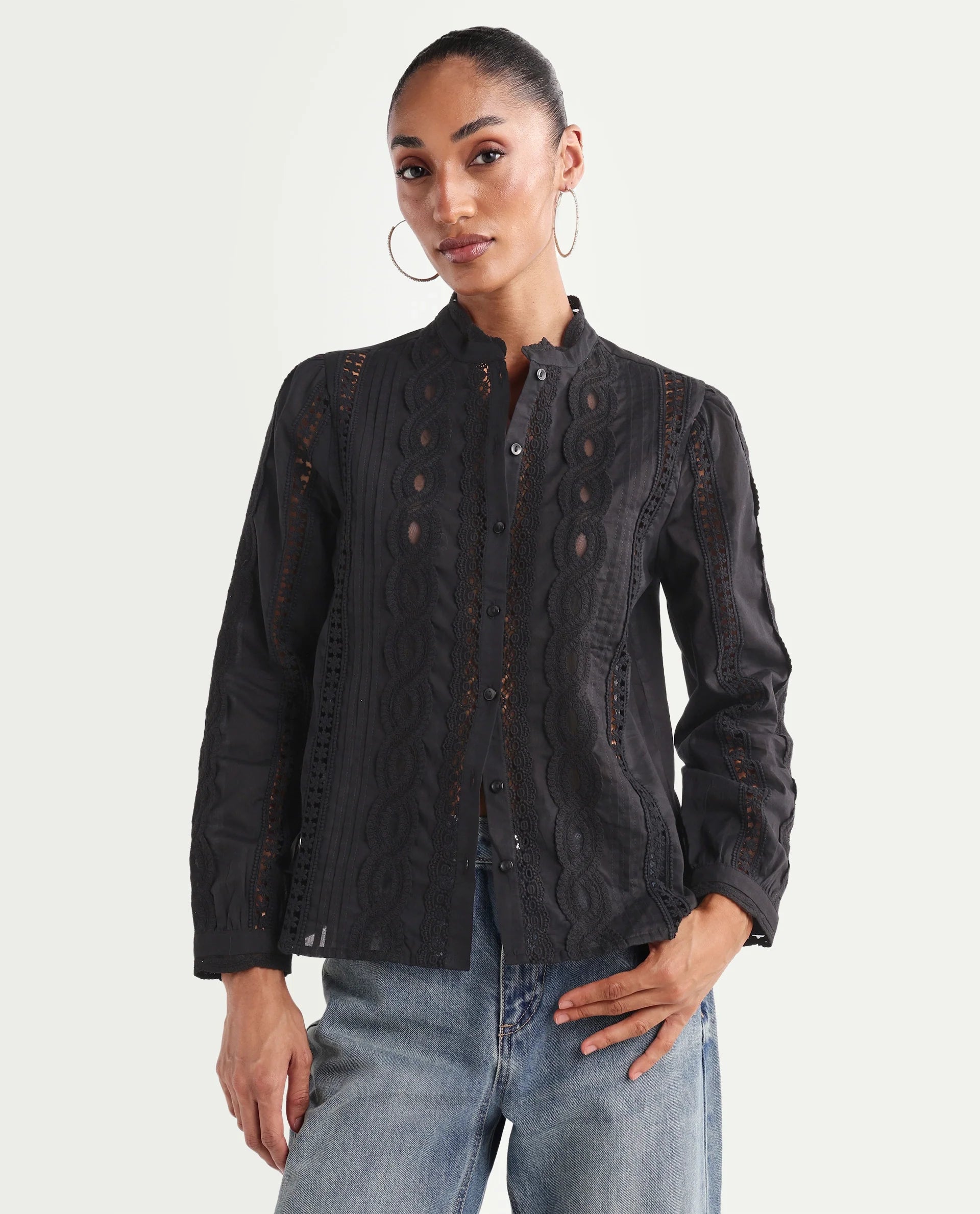 Rareism Women's Cilap Primary Black Cotton Full Sleeve Mandarin Collar Relaxed Fit Top