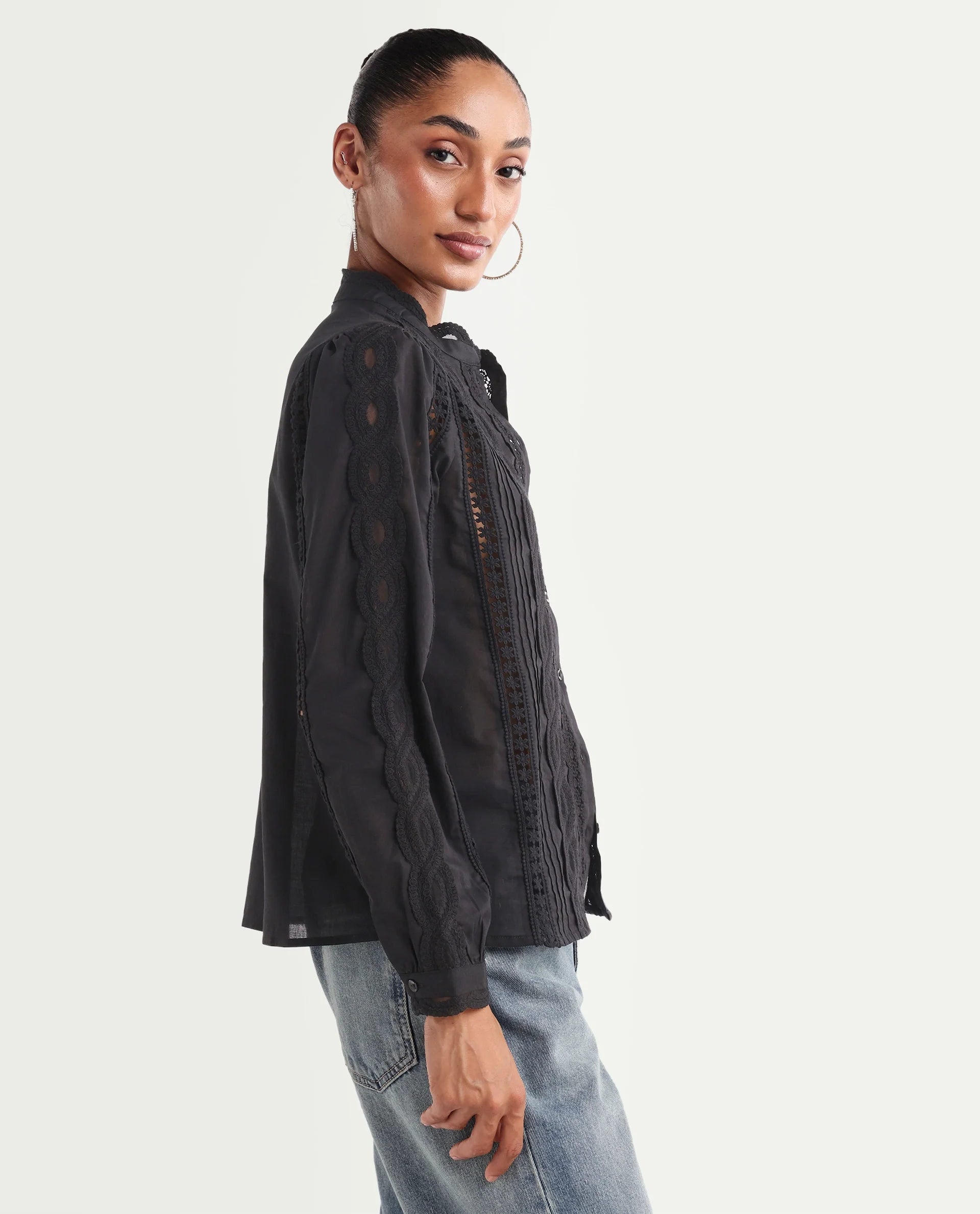 Rareism Women's Cilap Primary Black Cotton Full Sleeve Mandarin Collar Relaxed Fit Top