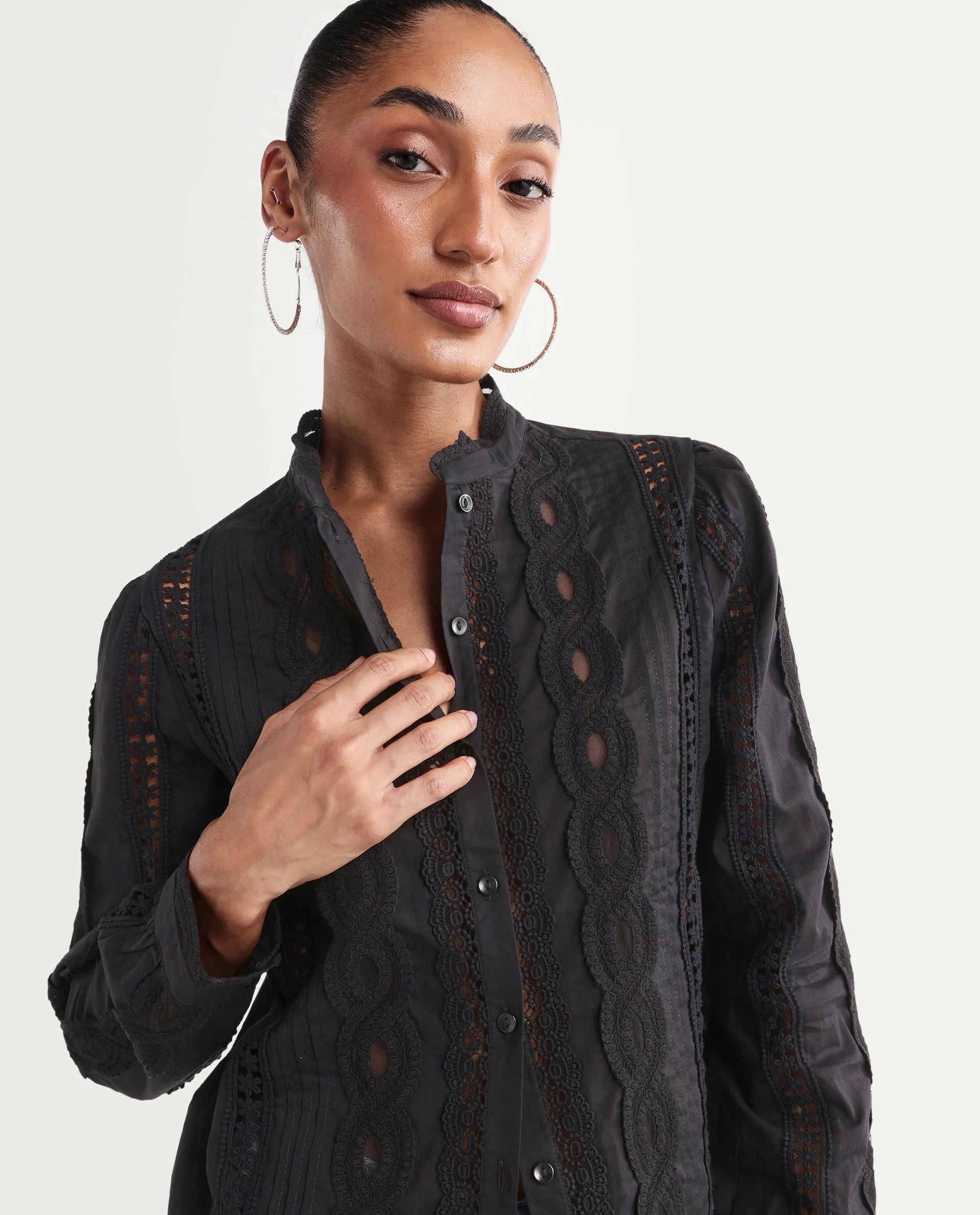 Rareism Women's Cilap Primary Black Cotton Full Sleeve Mandarin Collar Relaxed Fit Top