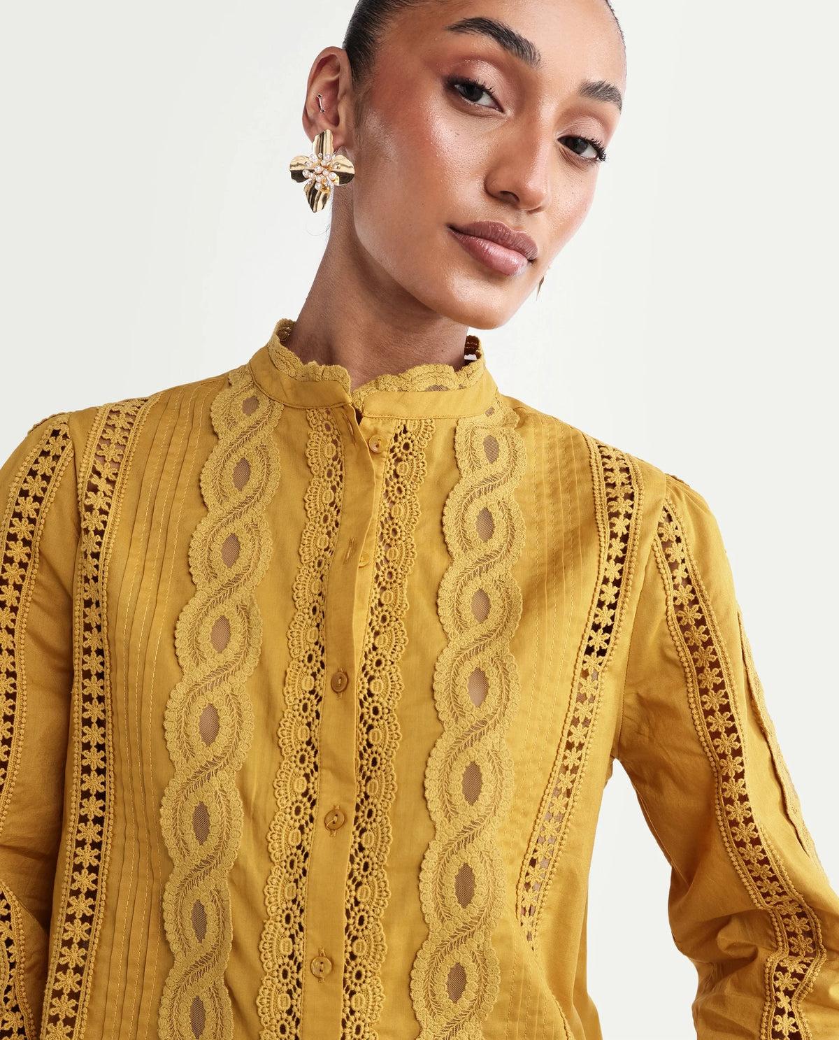 Rareism Women's Cilap Dark Yellow Cotton Full Sleeve Mandarin Collar Relaxed Fit Top