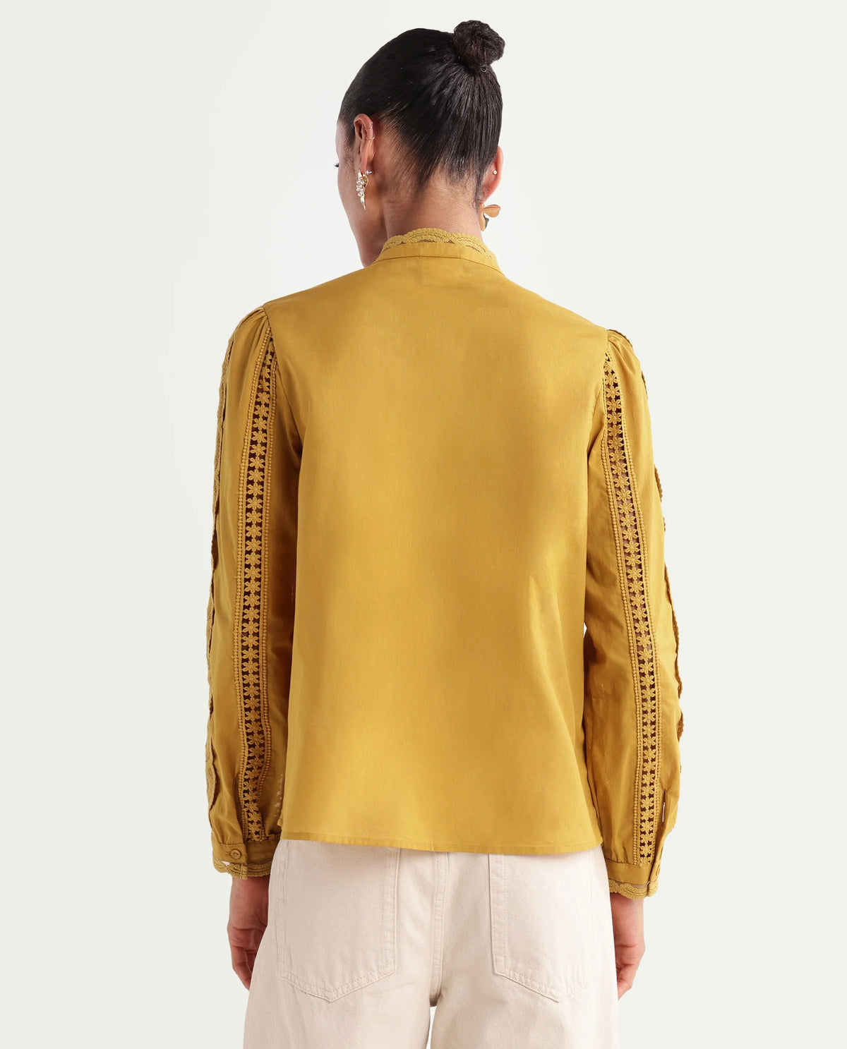 Rareism Women's Cilap Dark Yellow Cotton Full Sleeve Mandarin Collar Relaxed Fit Top