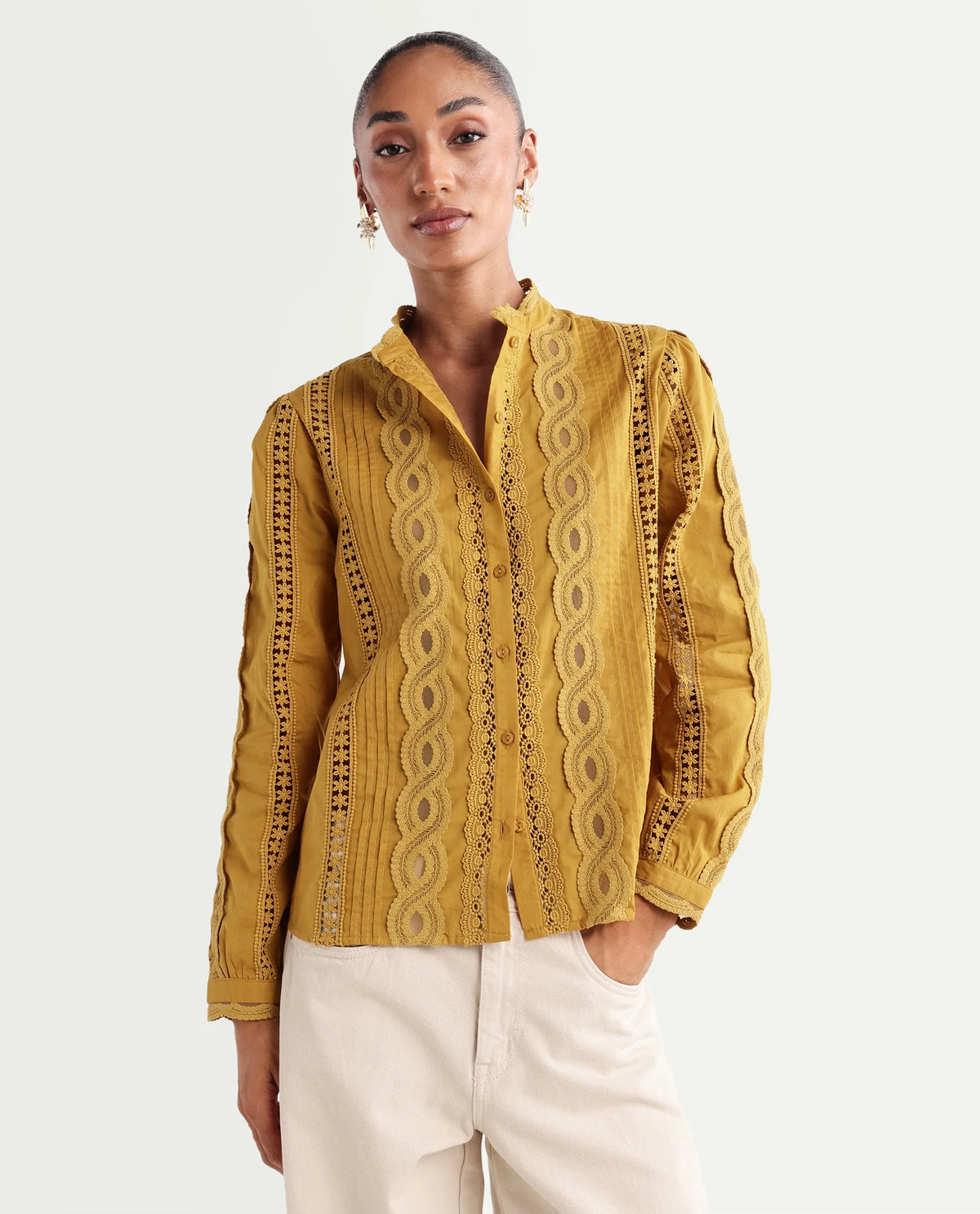 Rareism Women's Cilap Dark Yellow Cotton Full Sleeve Mandarin Collar Relaxed Fit Top
