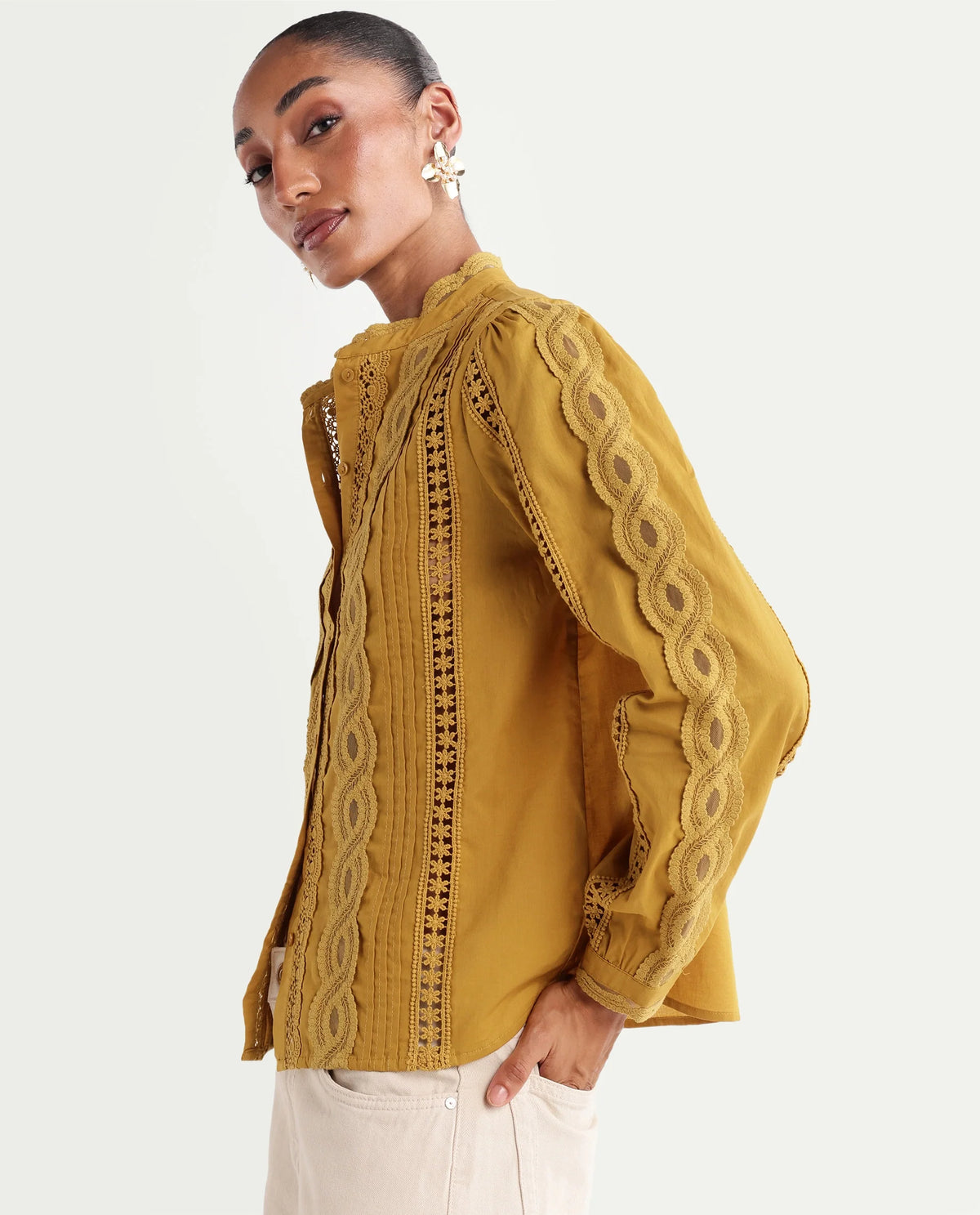 Rareism Women's Cilap Dark Yellow Cotton Full Sleeve Mandarin Collar Relaxed Fit Top