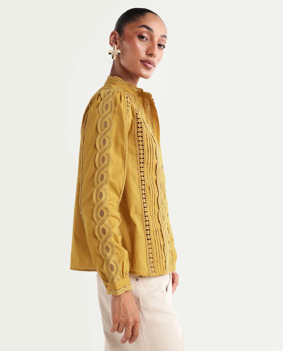 Rareism Women's Cilap Dark Yellow Cotton Full Sleeve Mandarin Collar Relaxed Fit Top