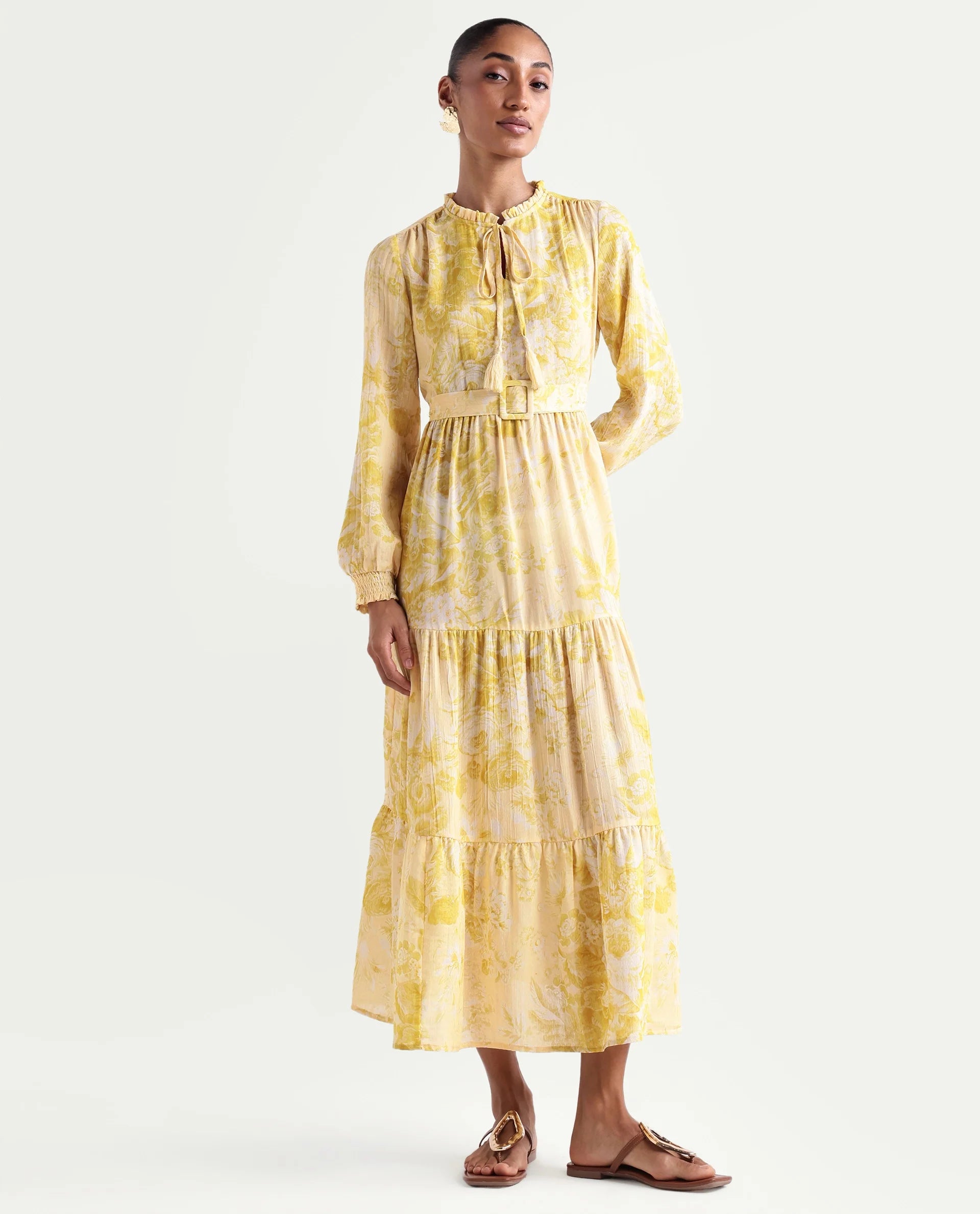 Rareism Women's Hany Mustard Polyester Ruffled Neck Fit And Flare Printed Dress