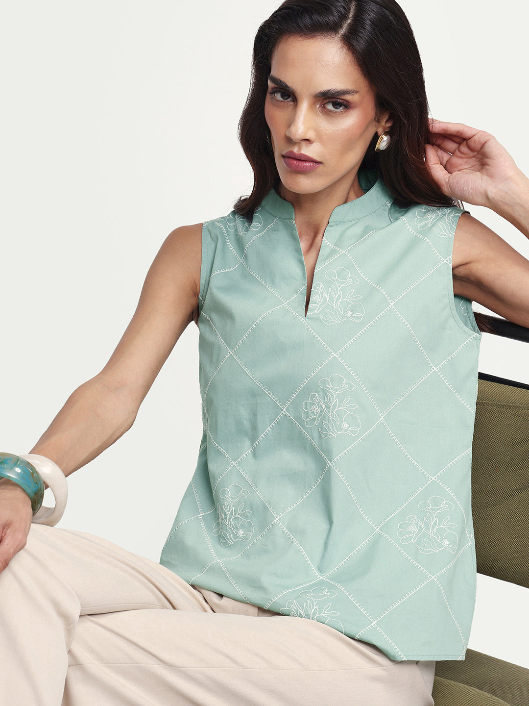 Rareism Women's Hax Dusky Green Cotton Sleeveless Band Collar Pull-On Regular Plain Top