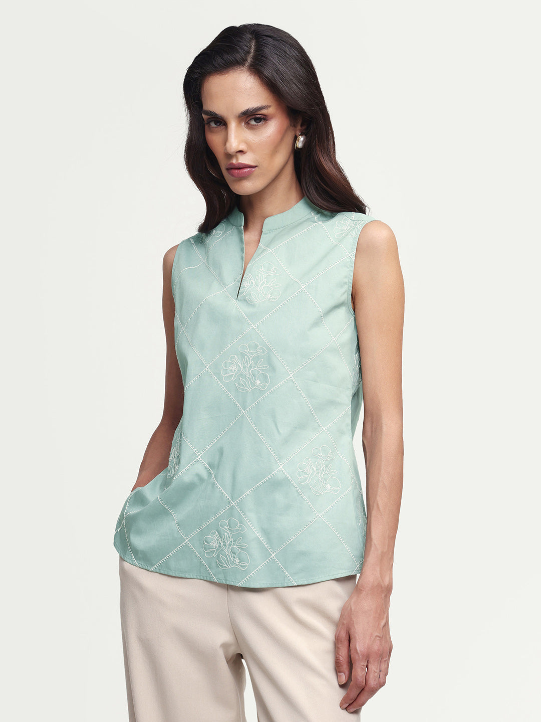 Rareism Women's Hax Dusky Green Cotton Sleeveless Band Collar Pull-On Regular Plain Top