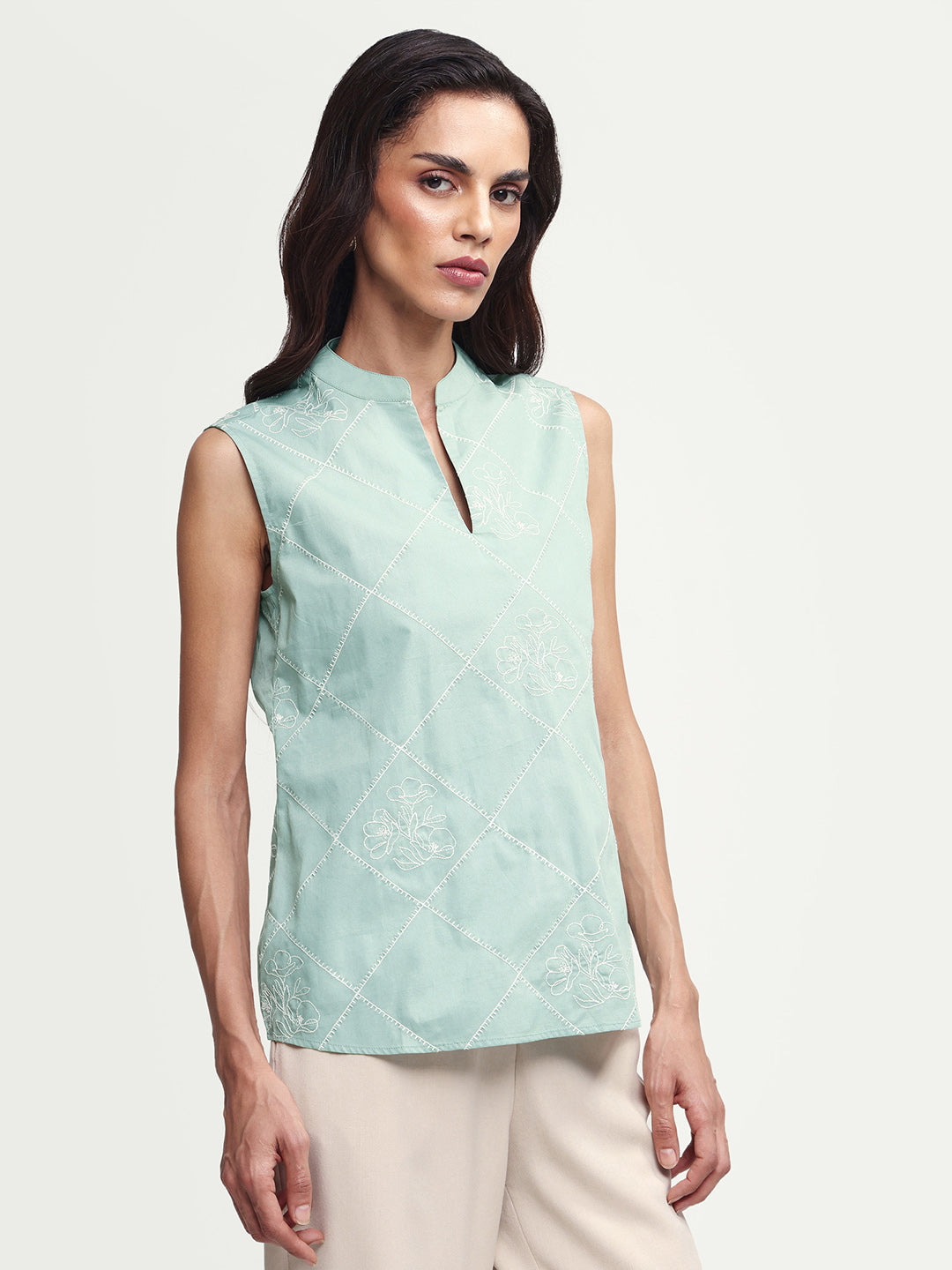 Rareism Women's Hax Dusky Green Cotton Sleeveless Band Collar Pull-On Regular Plain Top