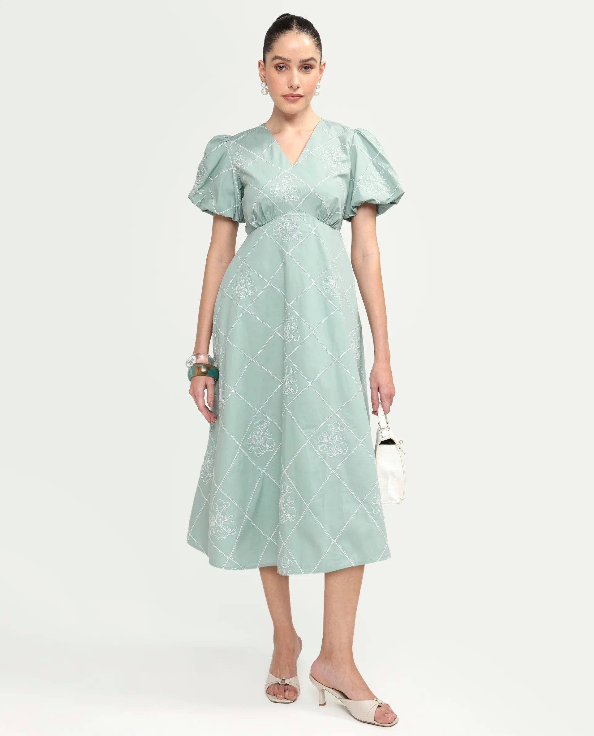Rareism Women's Haxa Dusky Green Polyester Half Sleeve V-Neck Fit And Flare Plain Dress