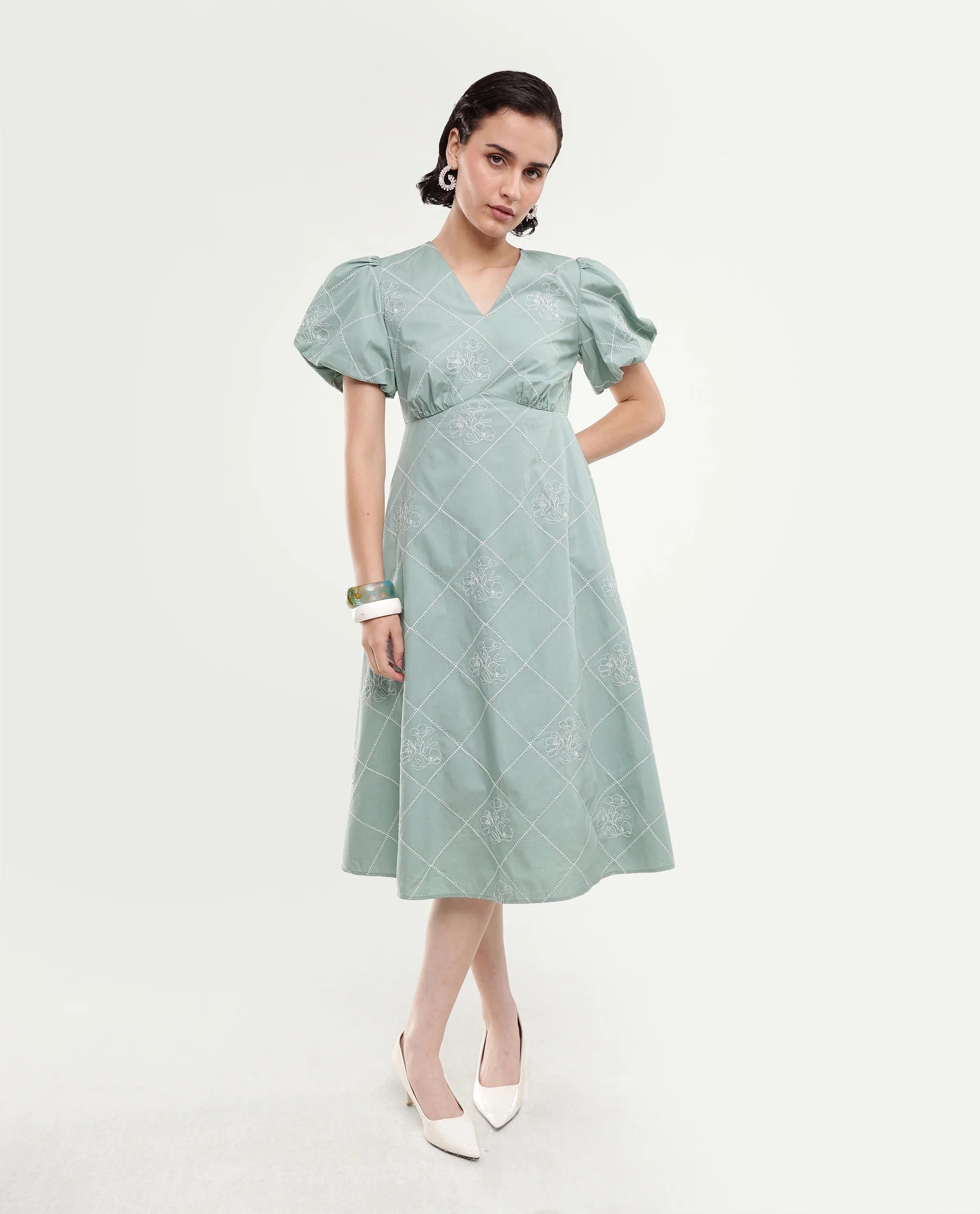 Rareism Women's Haxa Dusky Green Cotton Half Sleeve V-Neck Fit And Flare Plain Dress
