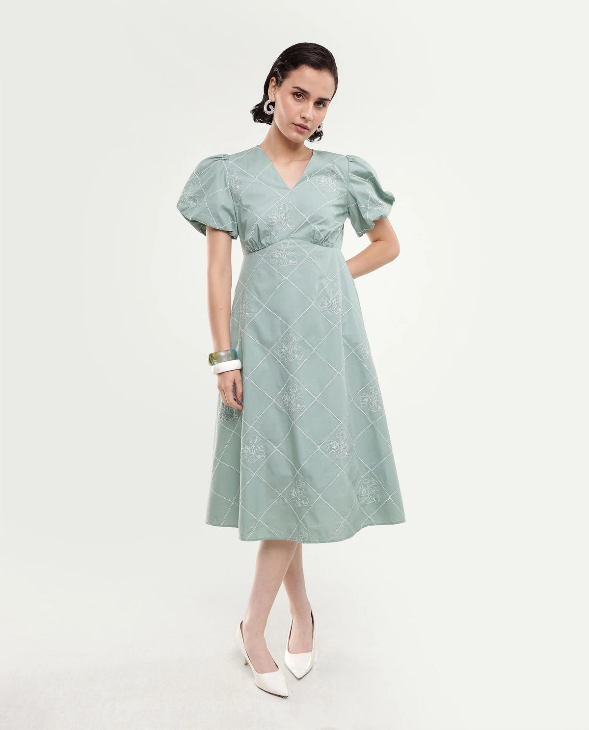 Rareism Women's Haxa Dusky Green Cotton Half Sleeve V-Neck Fit And Flare Plain Dress