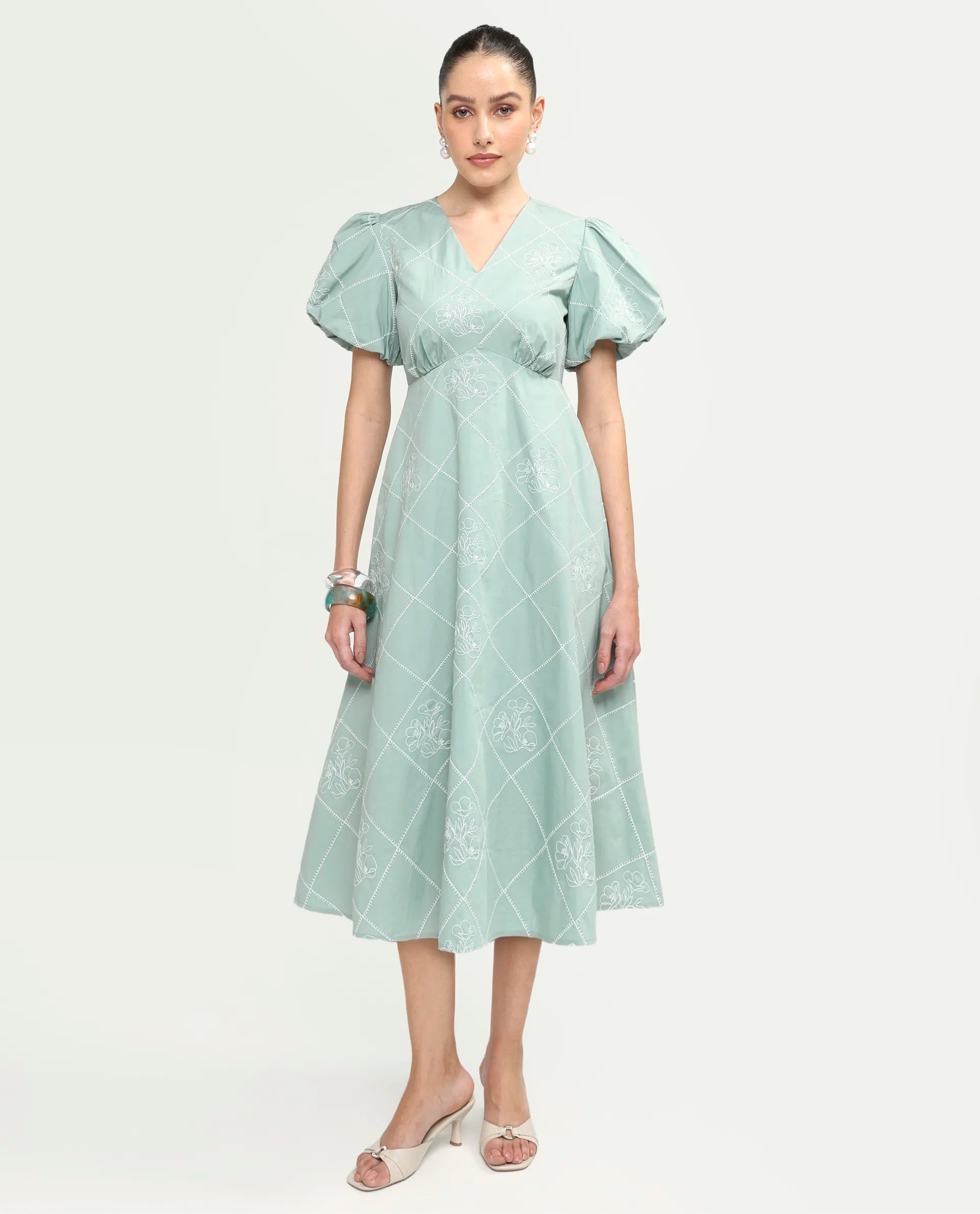 Rareism Women's Haxa Dusky Green Cotton Half Sleeve V-Neck Fit And Flare Plain Dress
