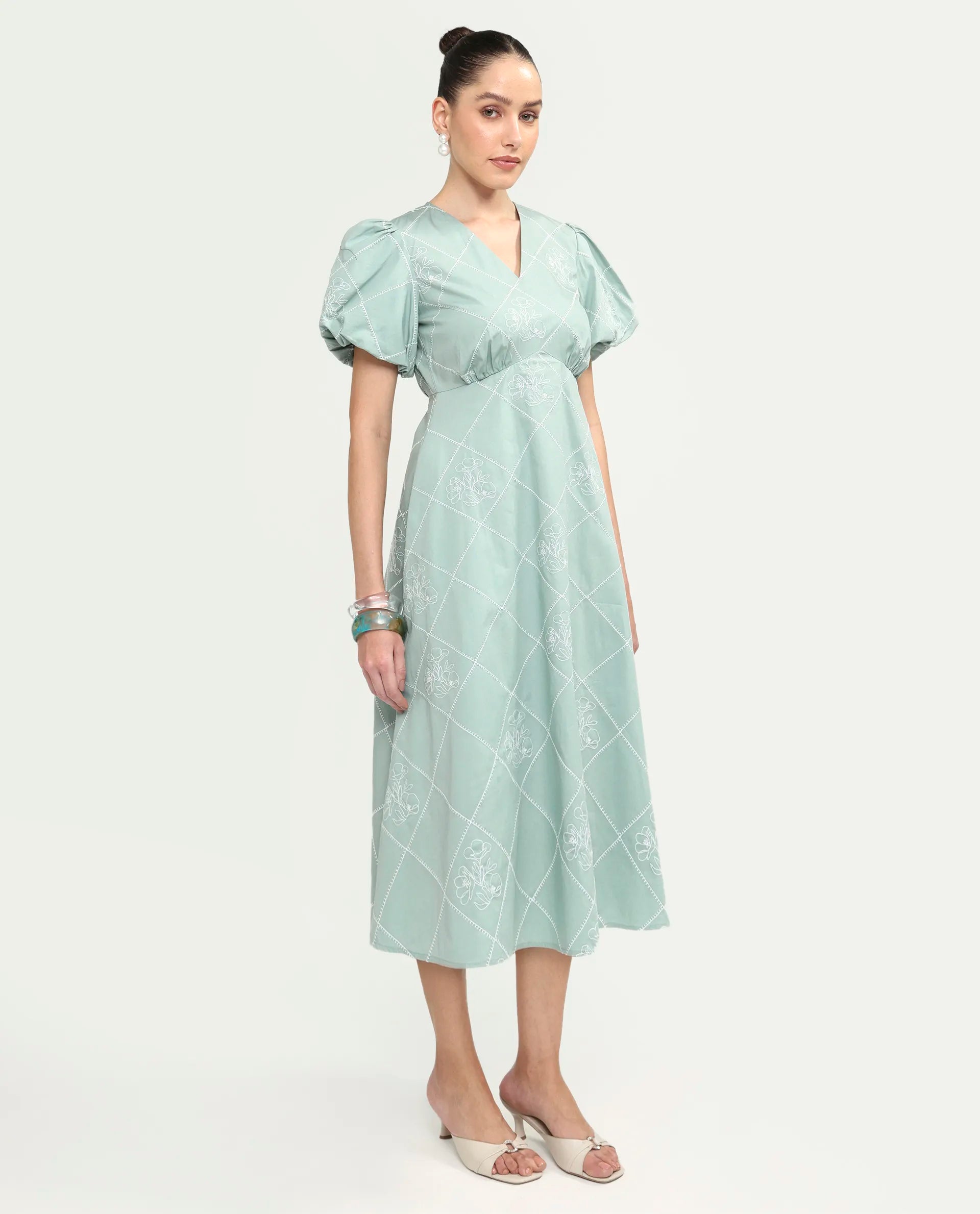 Rareism Women's Haxa Dusky Green Polyester Half Sleeve V-Neck Fit And Flare Plain Dress