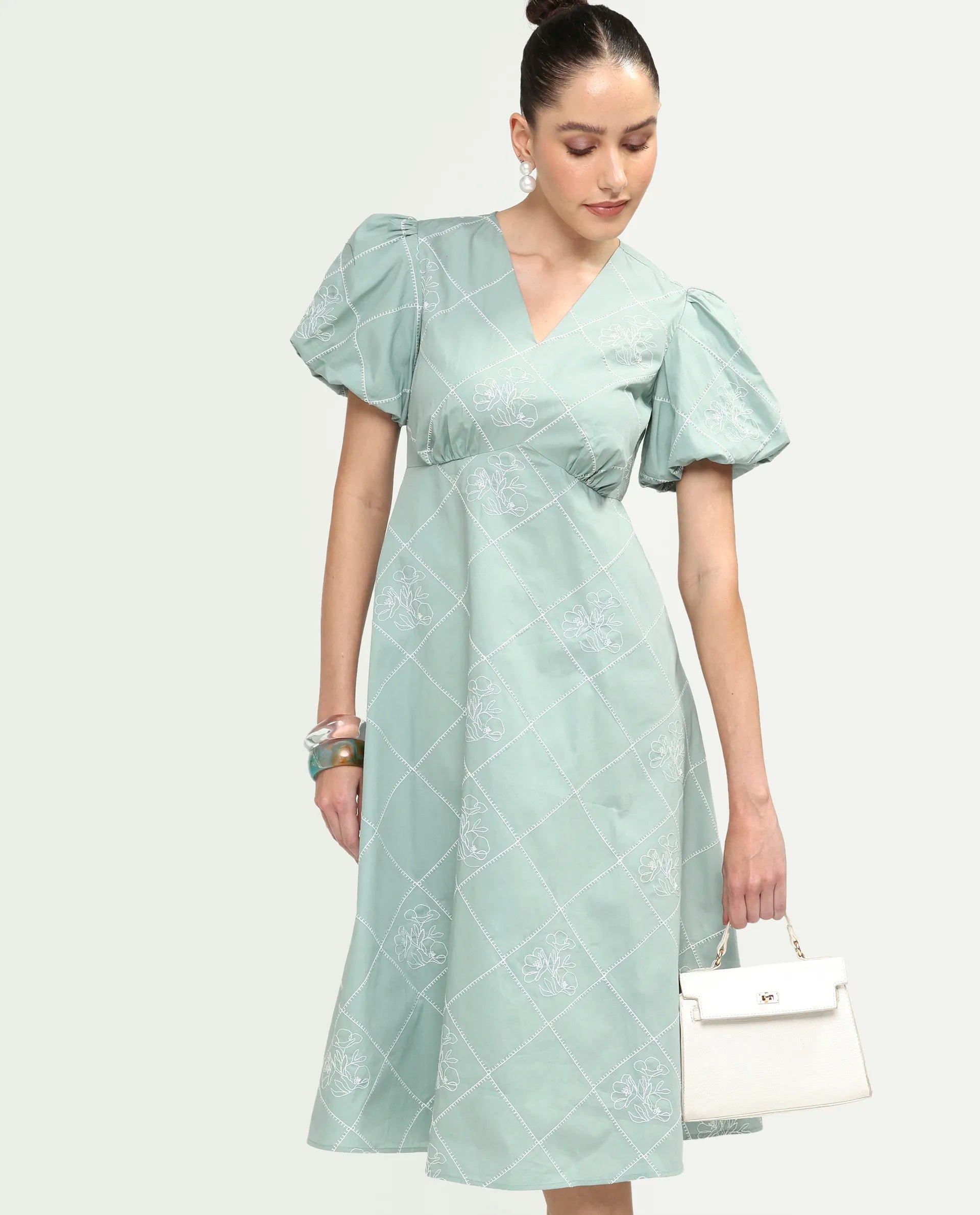 Rareism Women's Haxa Dusky Green Cotton Half Sleeve V-Neck Fit And Flare Plain Dress
