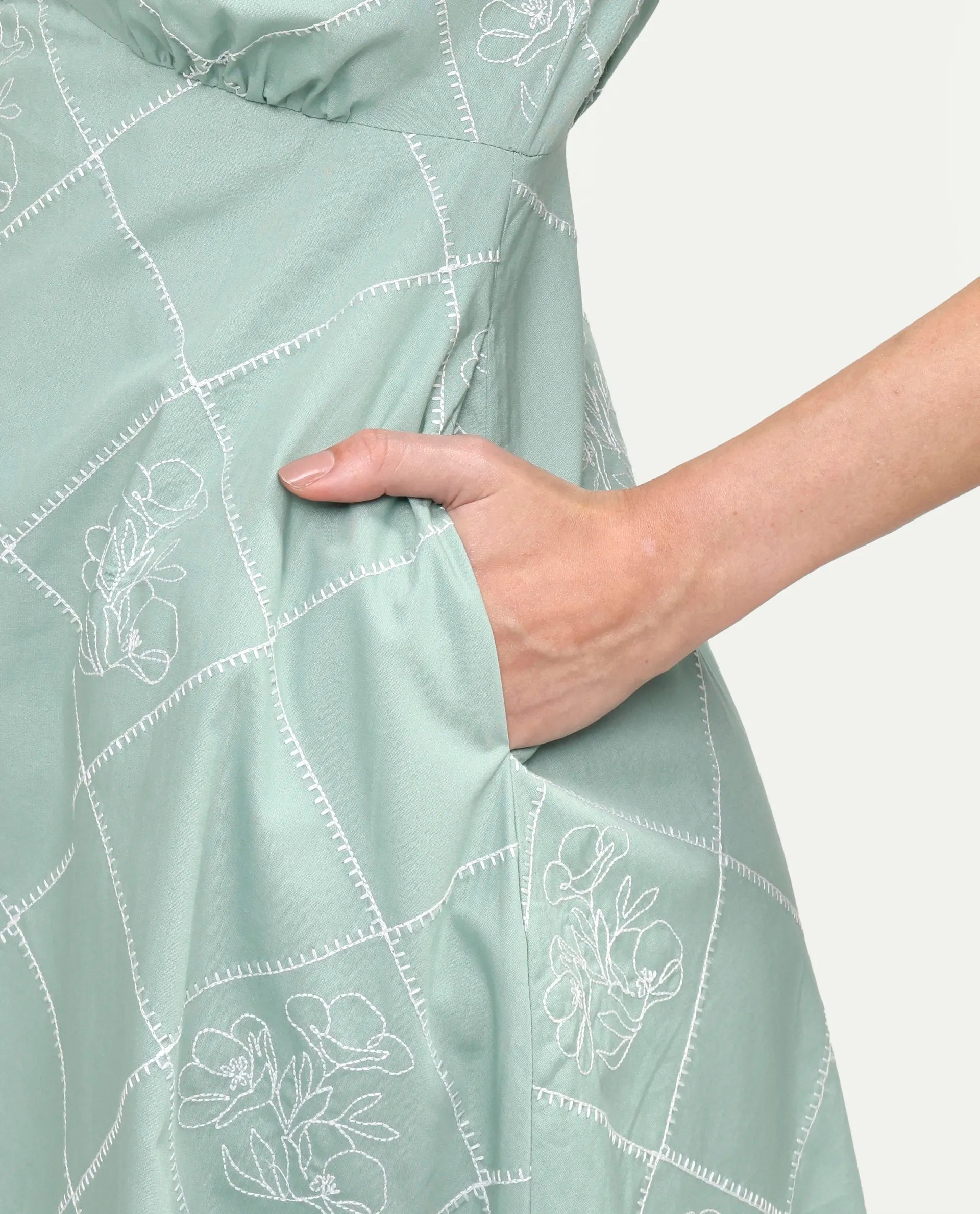 Rareism Women's Haxa Dusky Green Cotton Half Sleeve V-Neck Fit And Flare Plain Dress