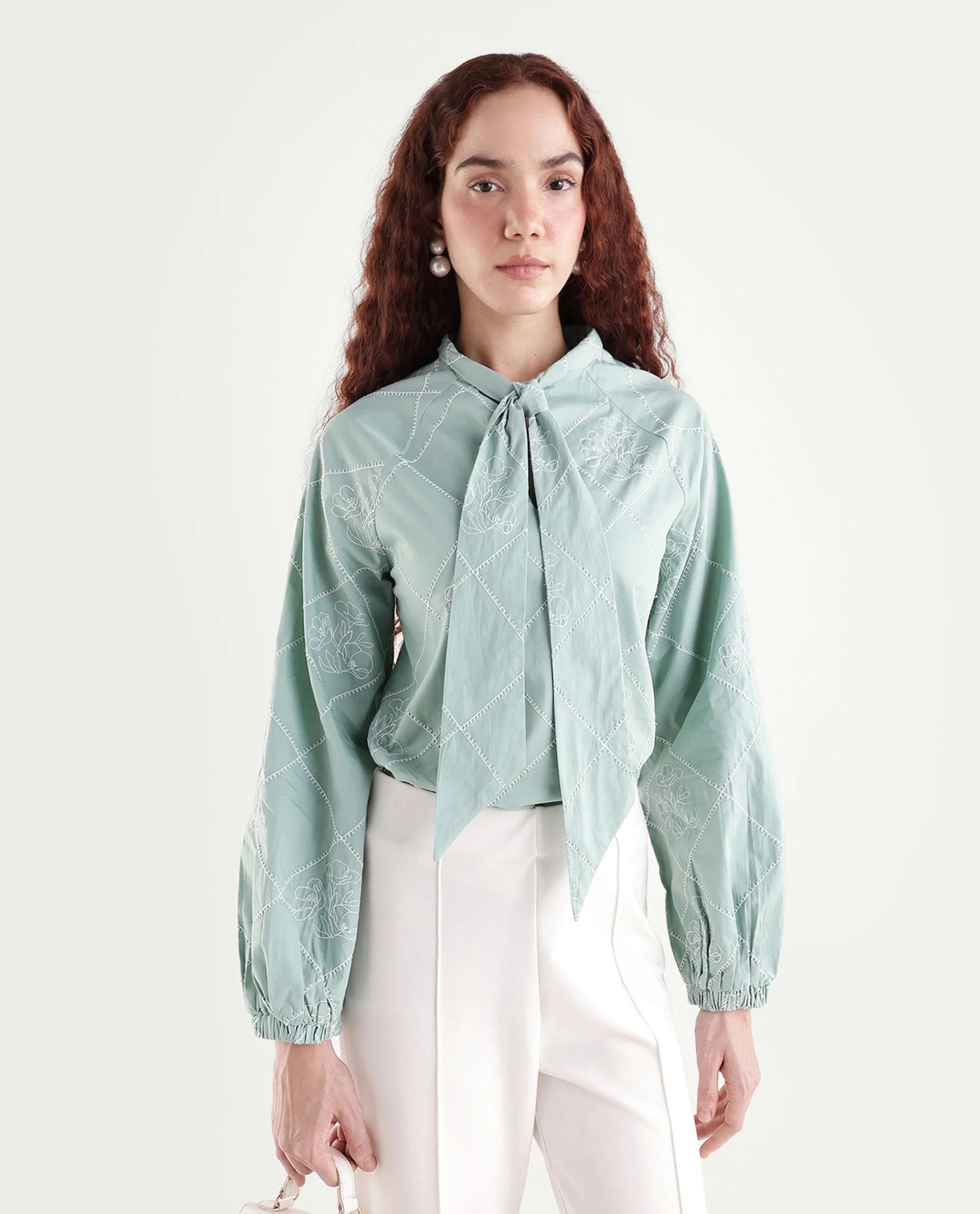 Rareism Women's Haxo Dusky Green Cotton Full Sleeve Tie-Up Relaxed Plain Top