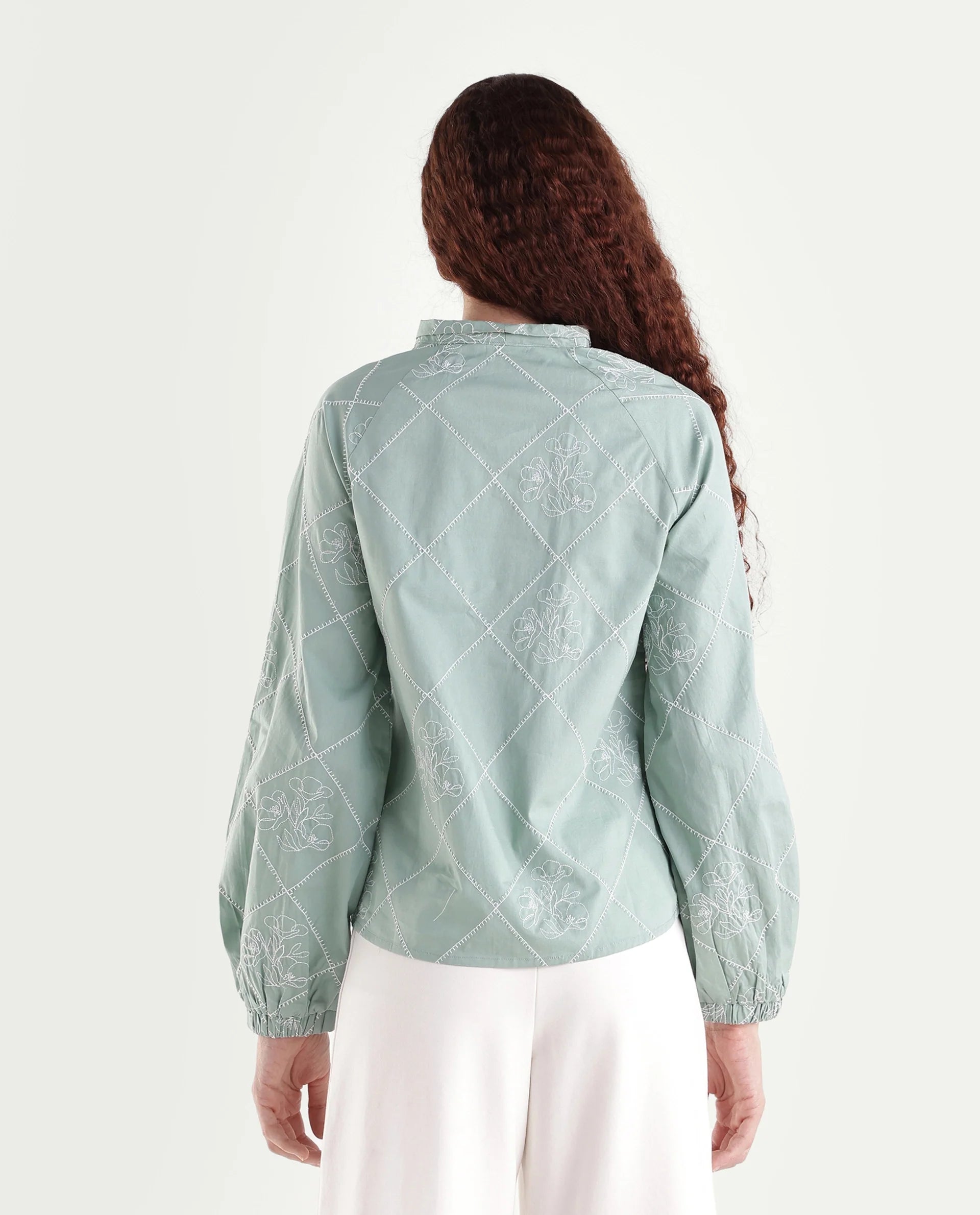 Rareism Women's Haxo Dusky Green Cotton Full Sleeve Tie-Up Relaxed Plain Top