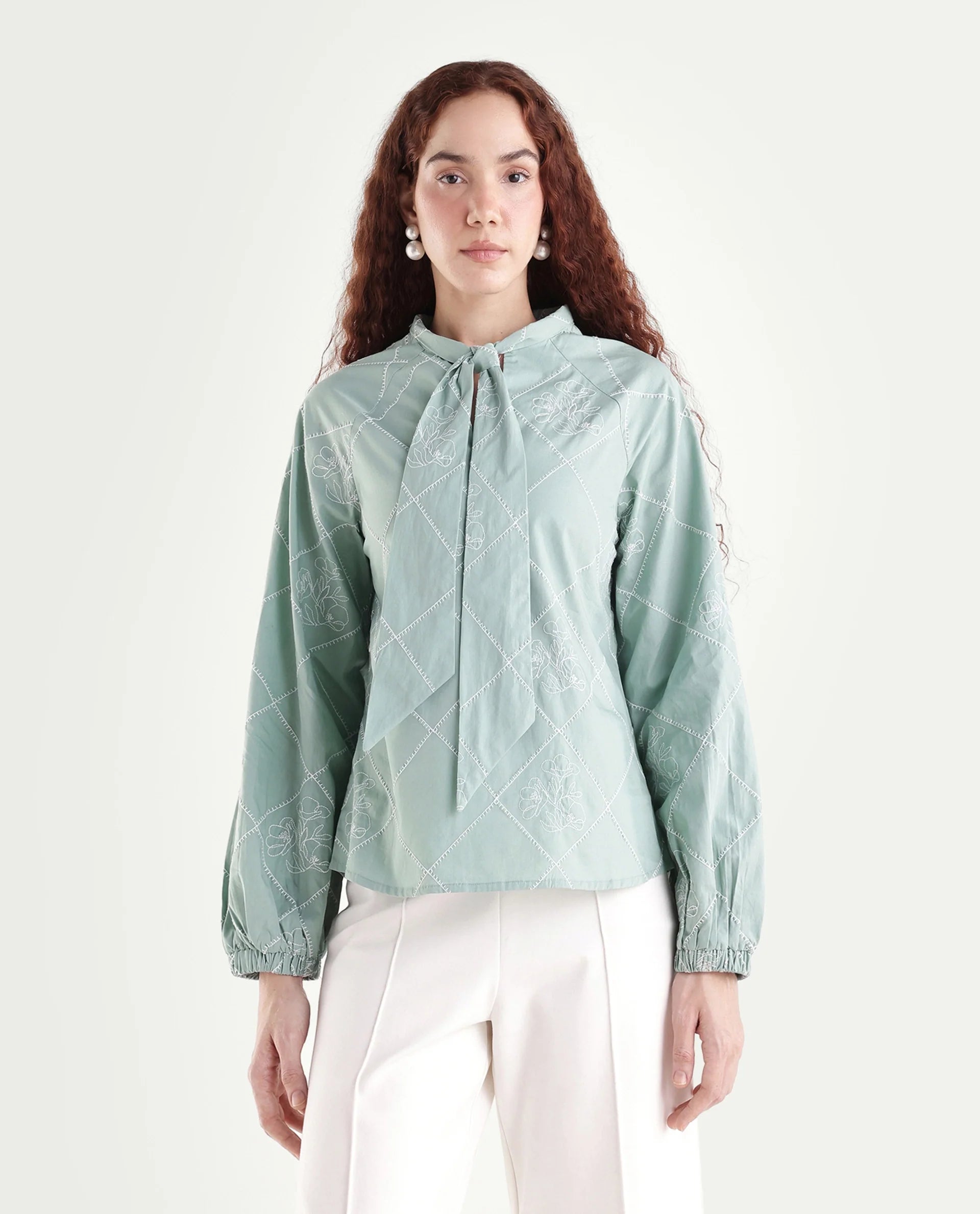 Rareism Women's Haxo Dusky Green Cotton Full Sleeve Tie-Up Relaxed Plain Top