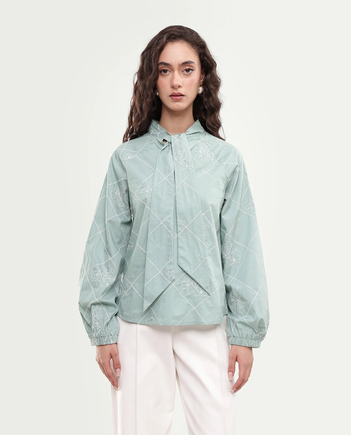 Rareism Women's Haxo Dusky Green Cotton Full Sleeve Tie-Up Relaxed Plain Top