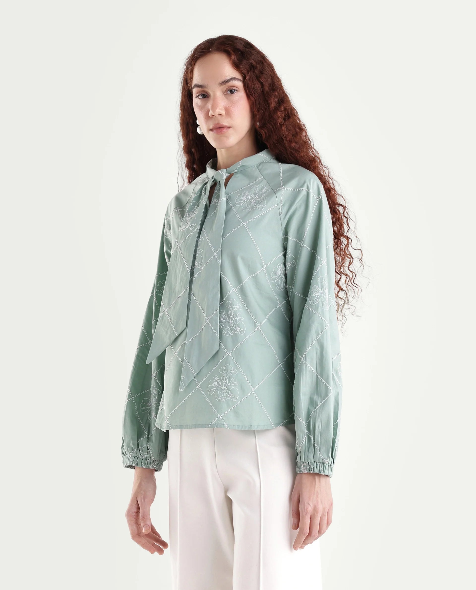 Rareism Women's Haxo Dusky Green Cotton Full Sleeve Tie-Up Relaxed Plain Top