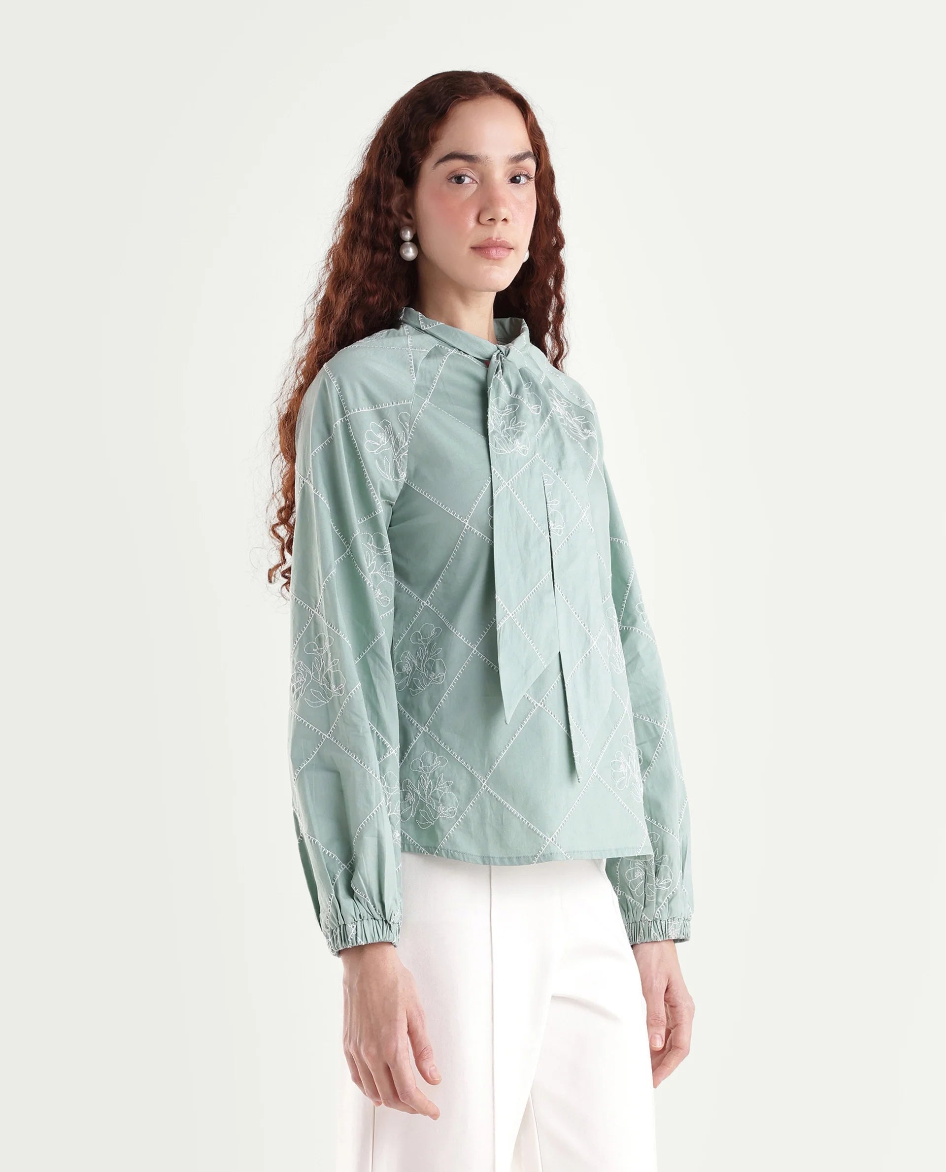 Rareism Women's Haxo Dusky Green Cotton Full Sleeve Tie-Up Relaxed Plain Top