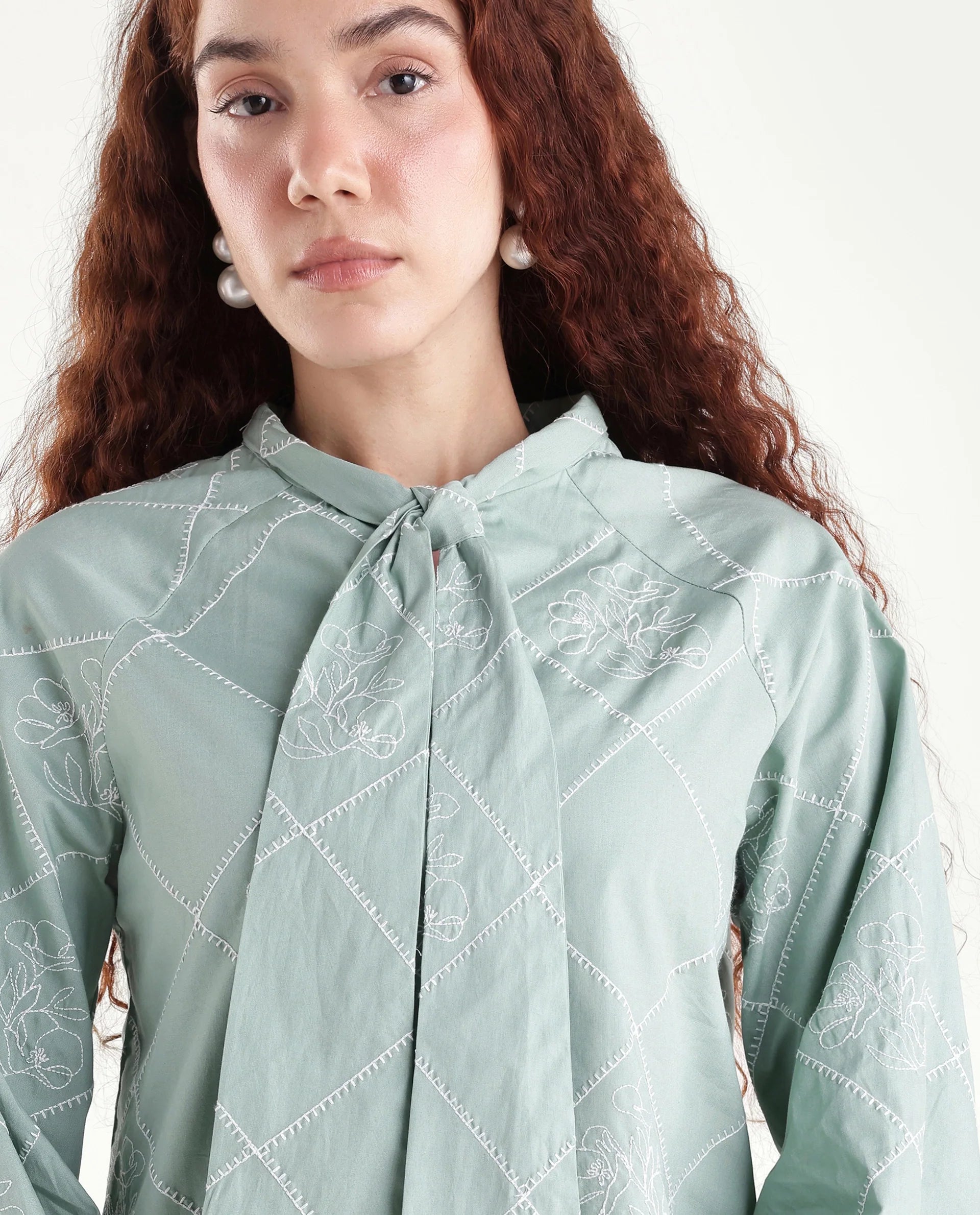 Rareism Women's Haxo Dusky Green Cotton Full Sleeve Tie-Up Relaxed Plain Top