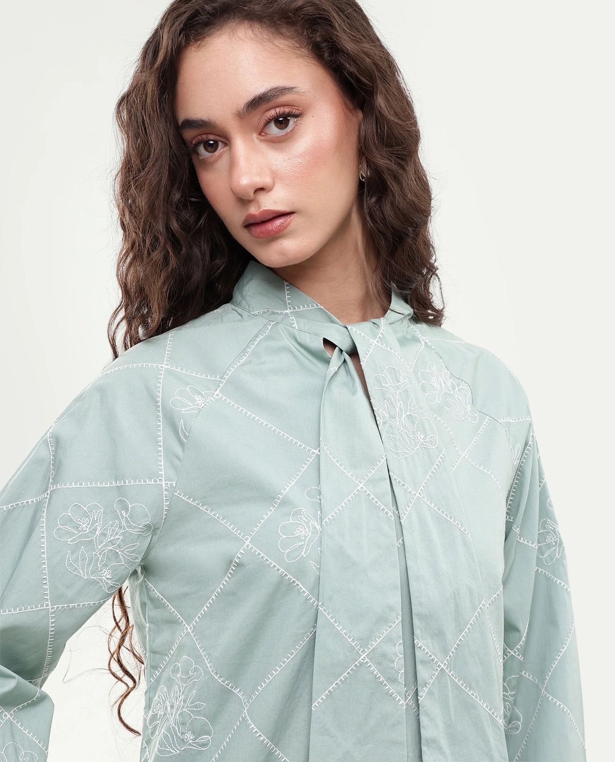 Rareism Women's Haxo Dusky Green Cotton Full Sleeve Tie-Up Relaxed Plain Top