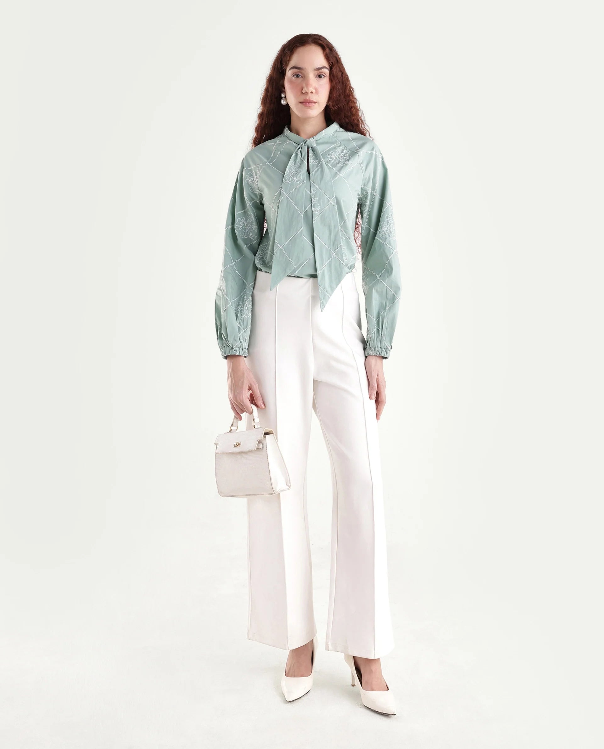 Rareism Women's Haxo Dusky Green Cotton Full Sleeve Tie-Up Relaxed Plain Top