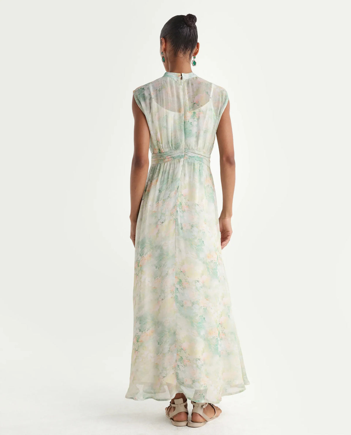 Rareism Women's Hian Light Green Viscose Blend High Neck Fit And Flare All Over Print Dress