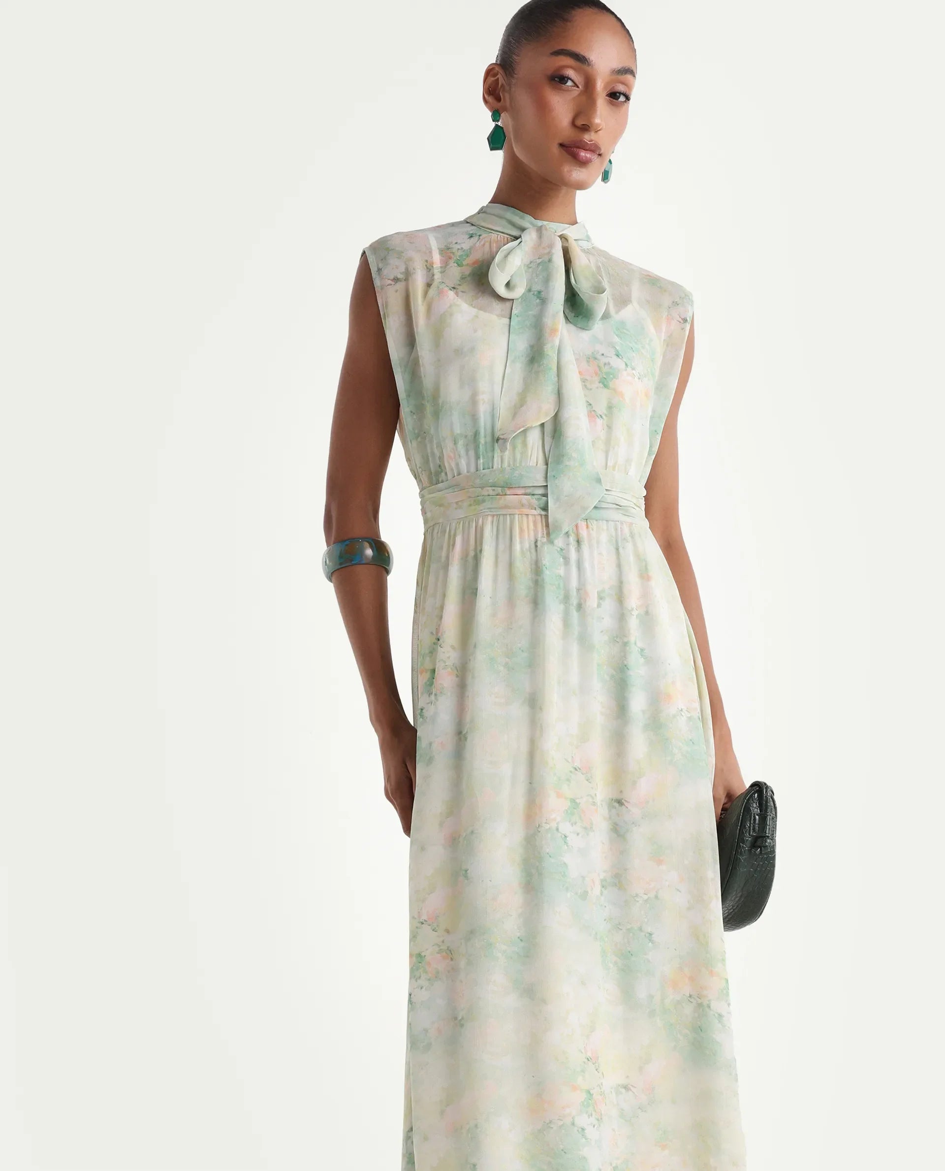 Rareism Women's Hian Light Green Viscose Blend High Neck Fit And Flare All Over Print Dress