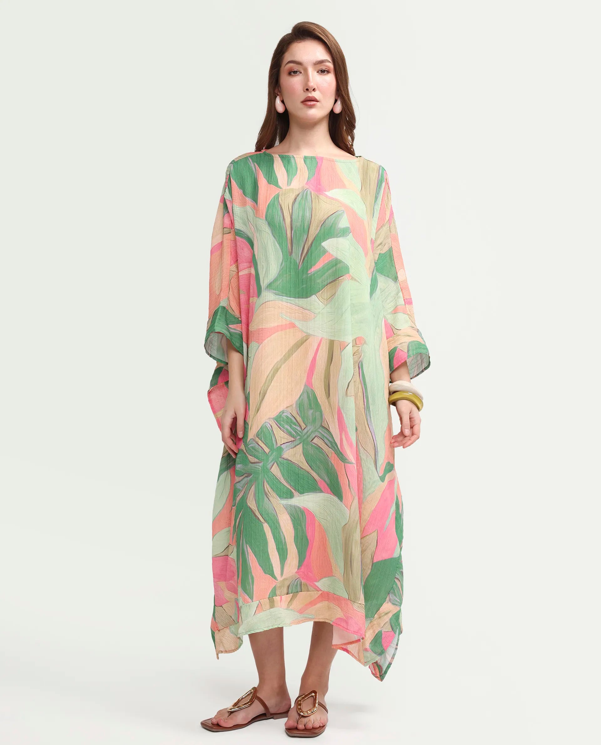 Rareism Women's Hirof Multi Polyester Full Sleeve Crew Neck Kaftan Fit Printed Dress