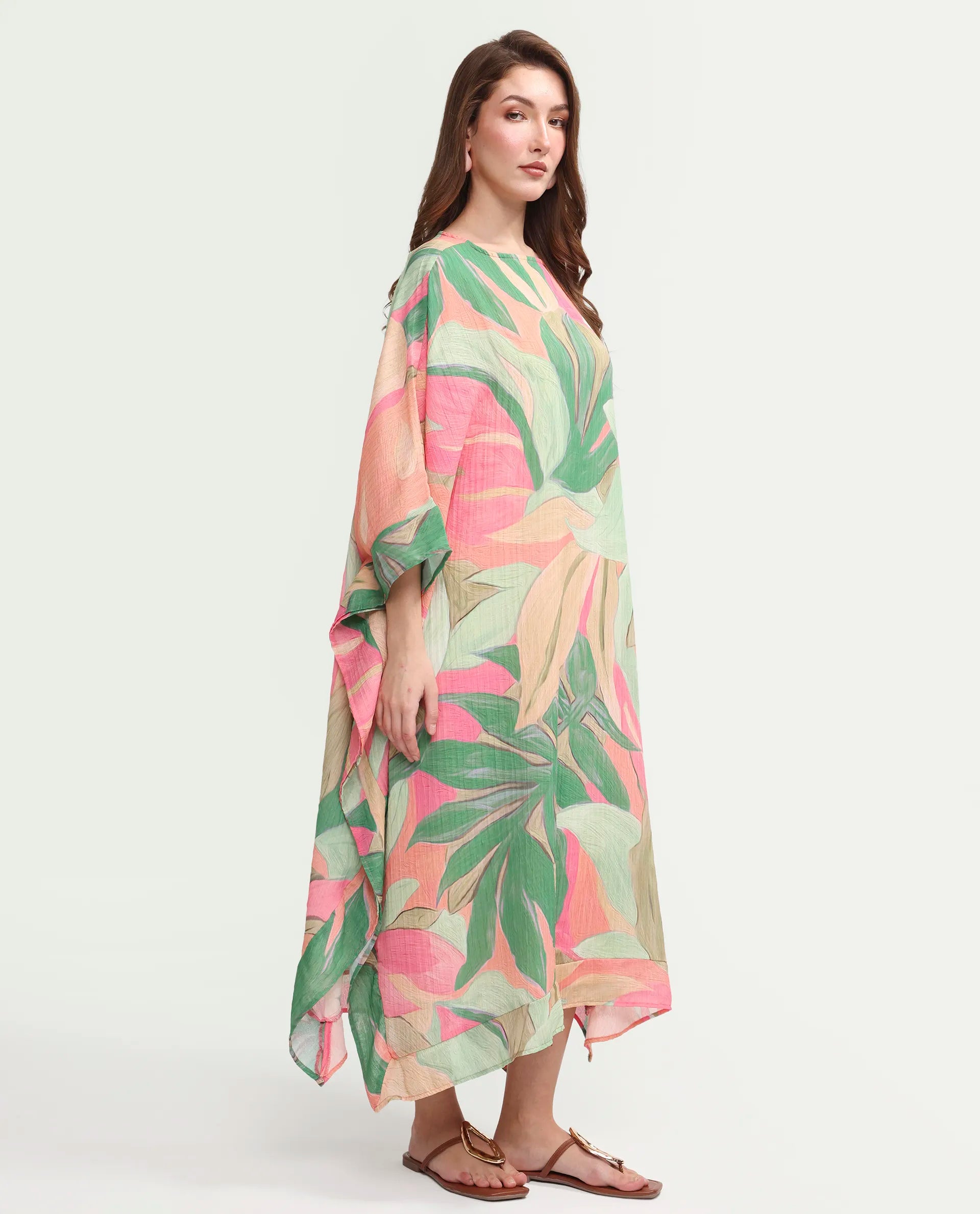 Rareism Women's Hirof Multi Polyester Full Sleeve Crew Neck Kaftan Fit Printed Dress