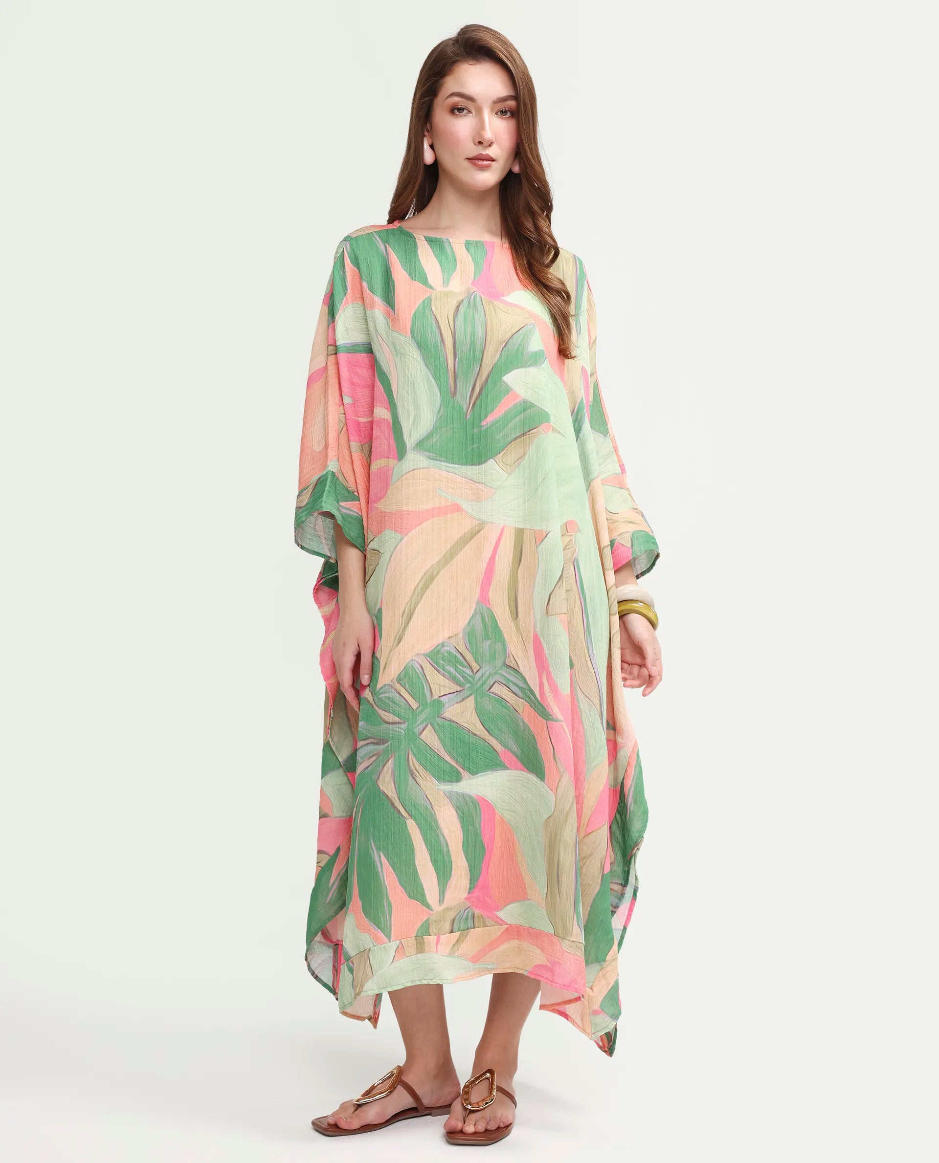 Rareism Women's Hirof Multi Polyester Full Sleeve Crew Neck Kaftan Fit Printed Dress