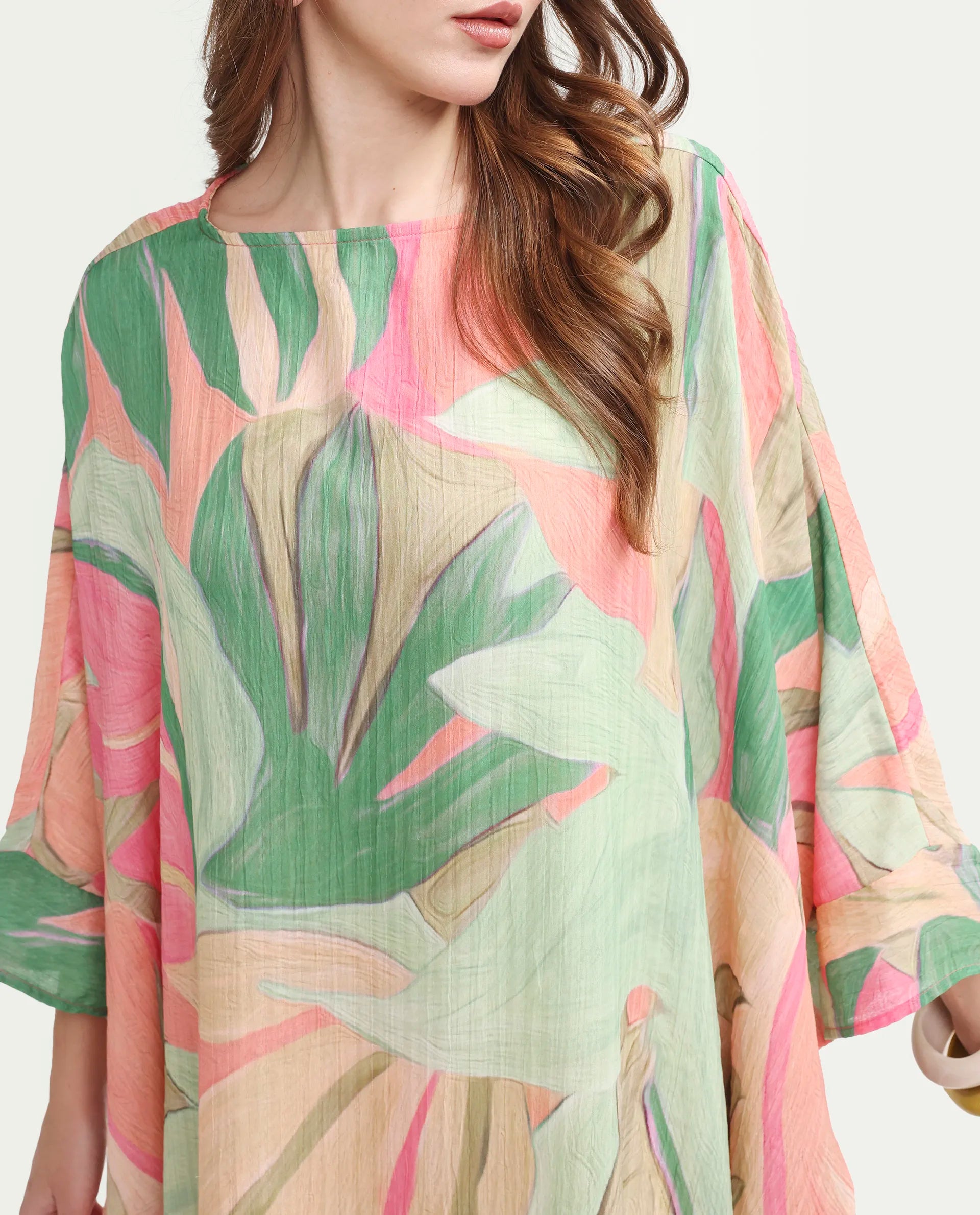 Rareism Women's Hirof Multi Polyester Full Sleeve Crew Neck Kaftan Fit Printed Dress