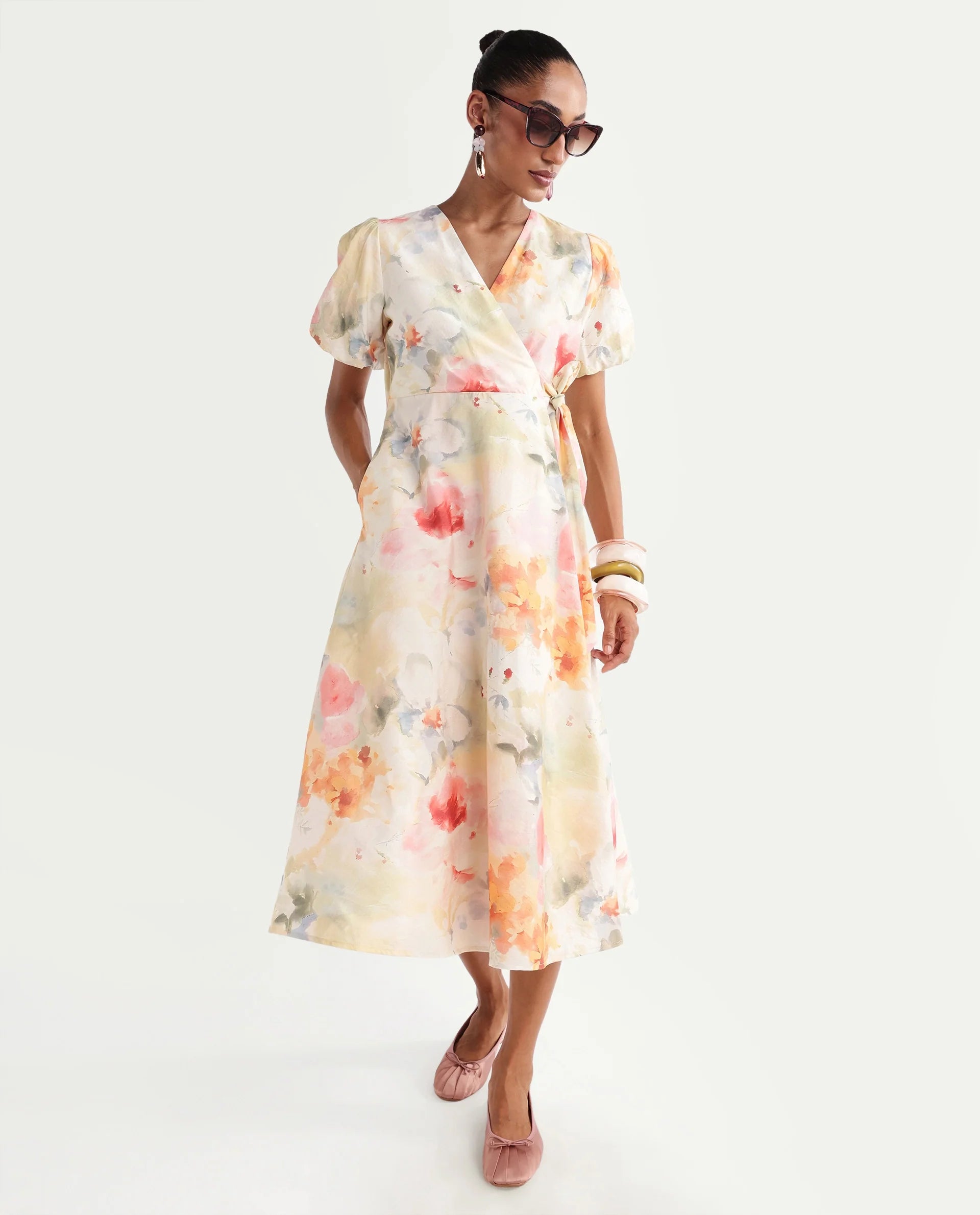 Rareism Women's Hivi Multi Viscose Blend Over Lap Fit And Flare Floral Print Dress