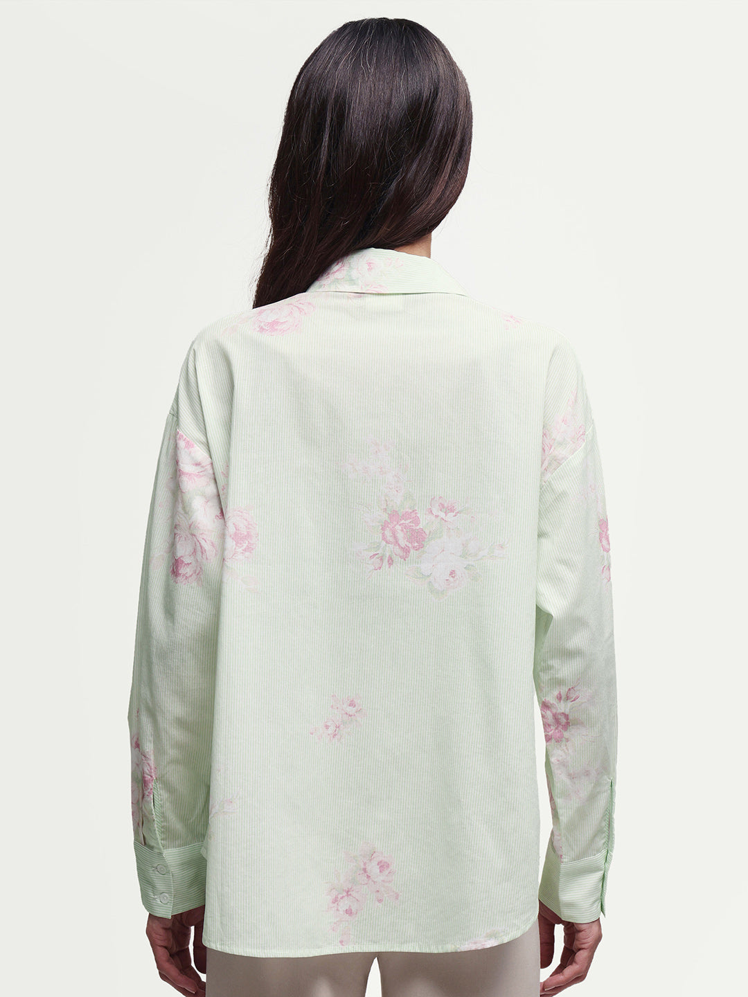 Rareism Women's Horu Light Green Cotton Full Sleeve Spread Collar Button Oversized Floral Print Shirt