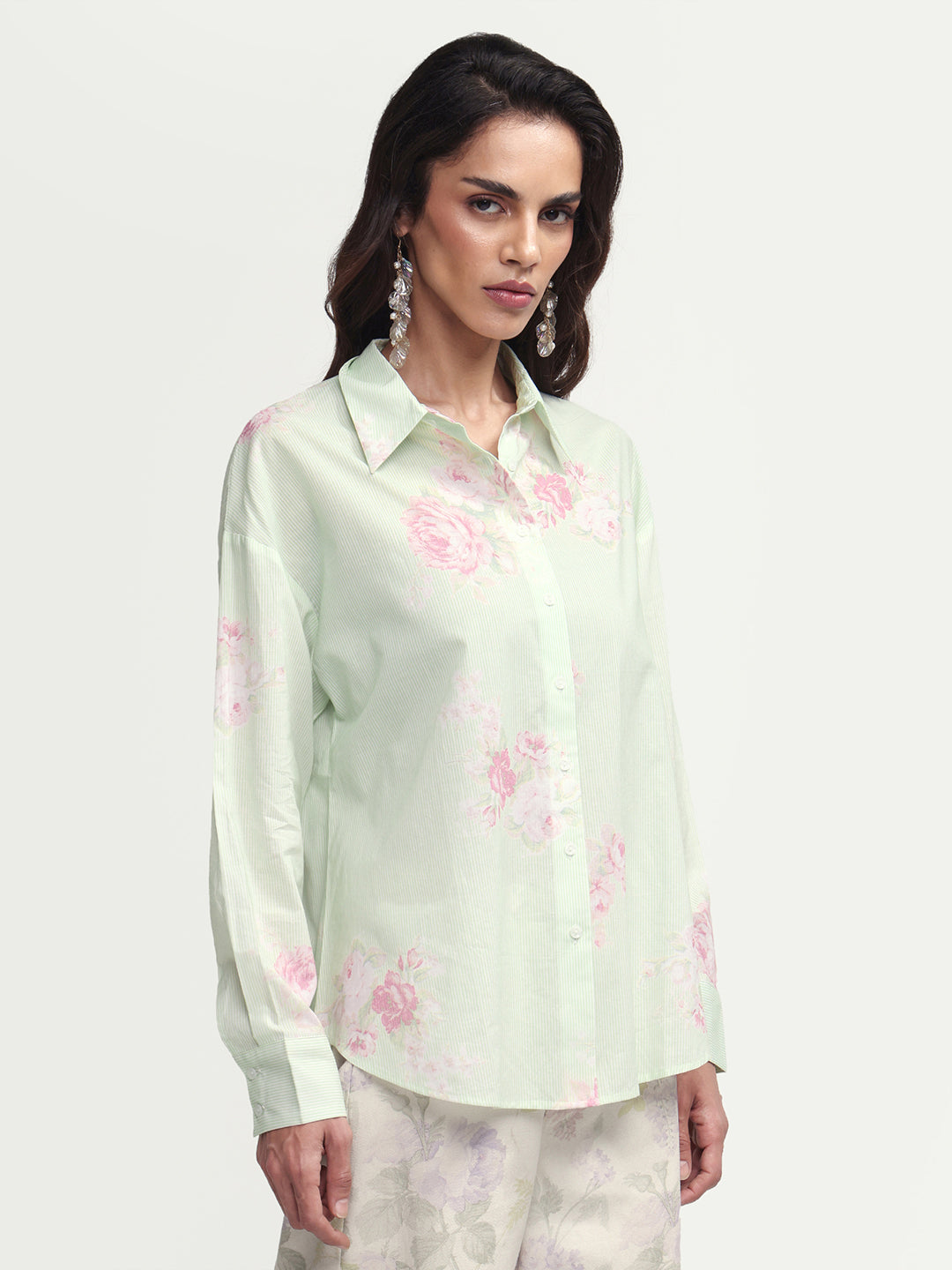 Rareism Women's Horu Light Green Cotton Full Sleeve Spread Collar Button Oversized Floral Print Shirt